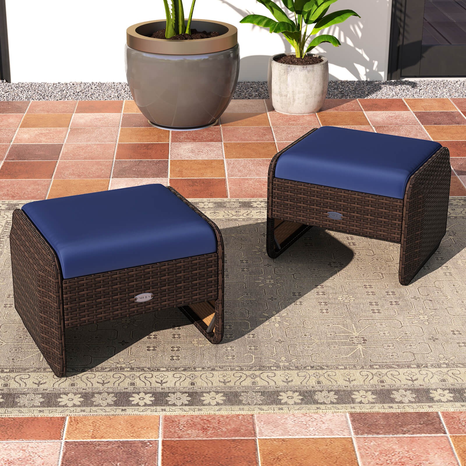 2 Pieces Outdoor Patio PE Wicker Ottomans with Removable Cushions Footstools
