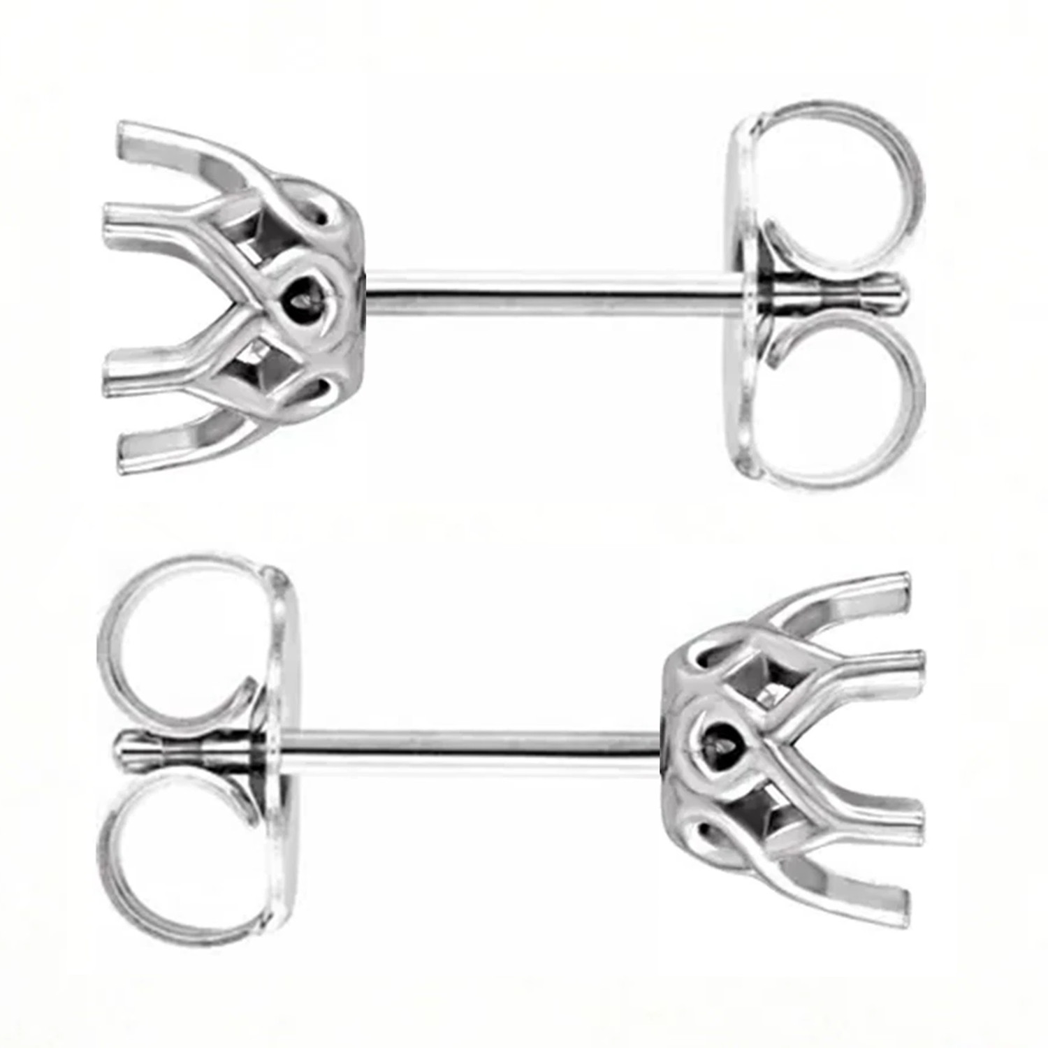 14K White Gold Earring Settings Round Cut Scroll Crown Set Friction Back -1 Pair