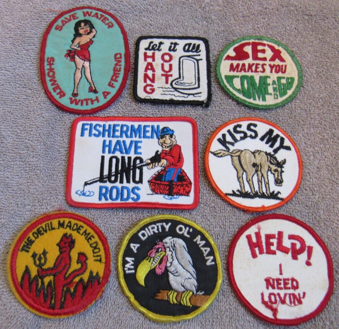 Vintage 1970's 1980's 8 PATCH LOT Funny Novelty SEW-ON Embroidered