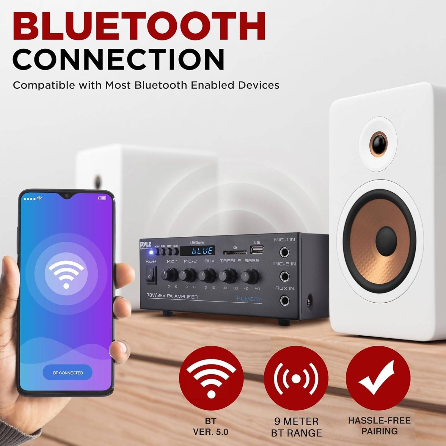 Pyle PCM20A Compact Mini Home Power Amplifier - 40W Smart Small Audio Stereo Re