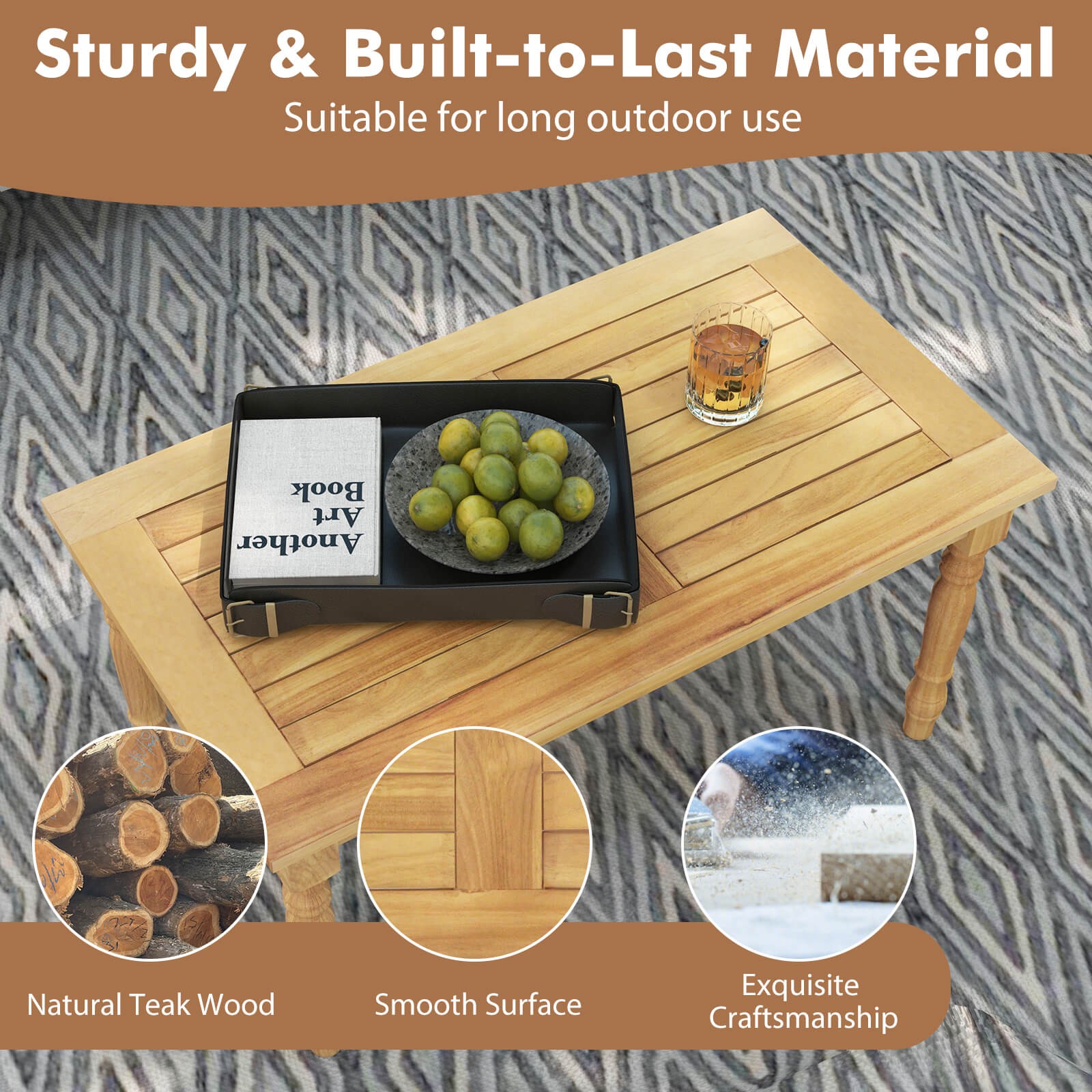 Patio Coffee Table with Solid Teak Wood Structure Slatted Tabletop for Backyard