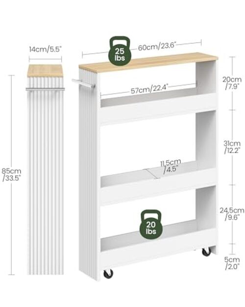 Slim Storage Cart with Wheels, 5.5" Narrow 4-Tier Rolling Cart, Multi-Purpose