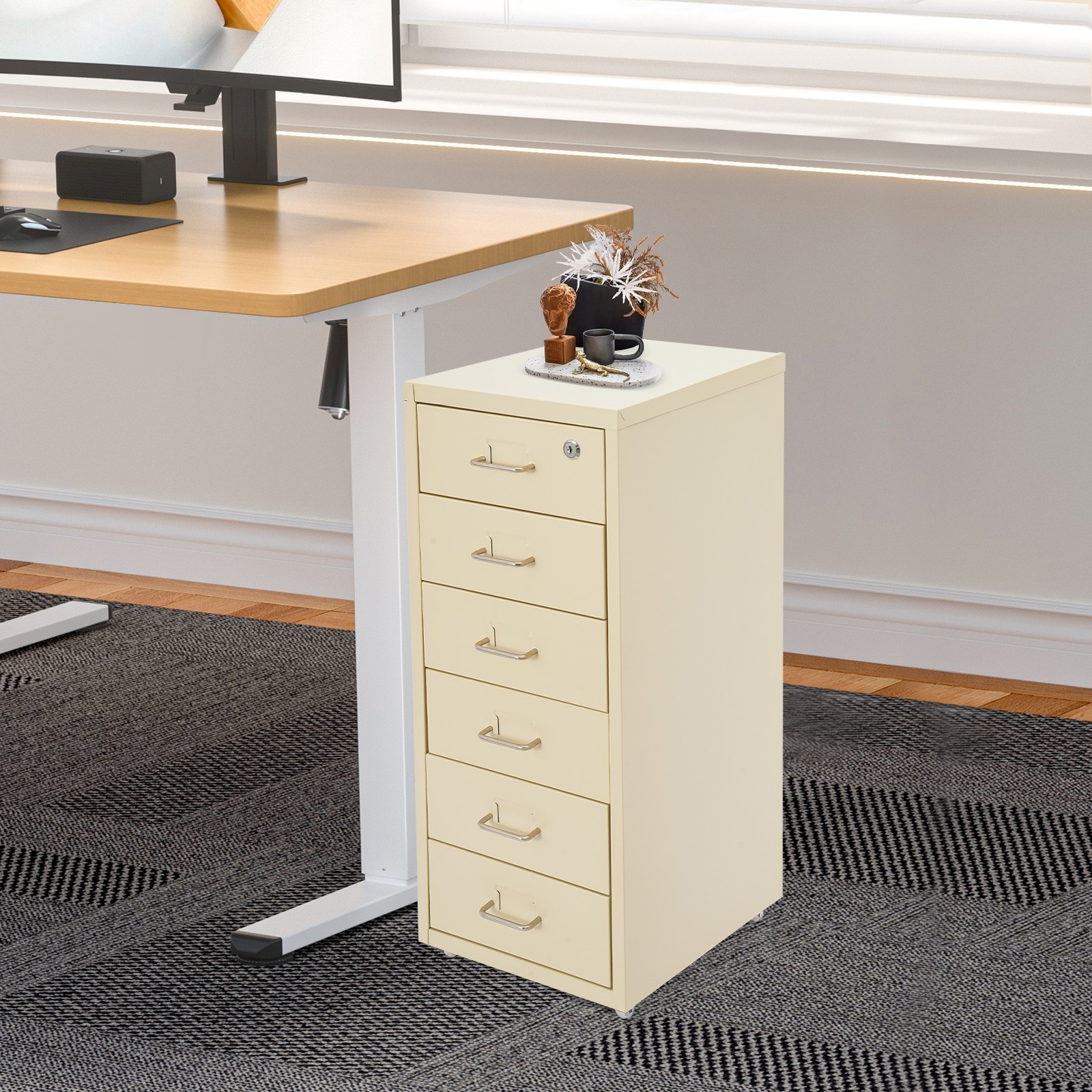 6-Tier Vertical Metal File Cabinet Lockable With Wheels Beige 28 �� 41 �� 69 cm
