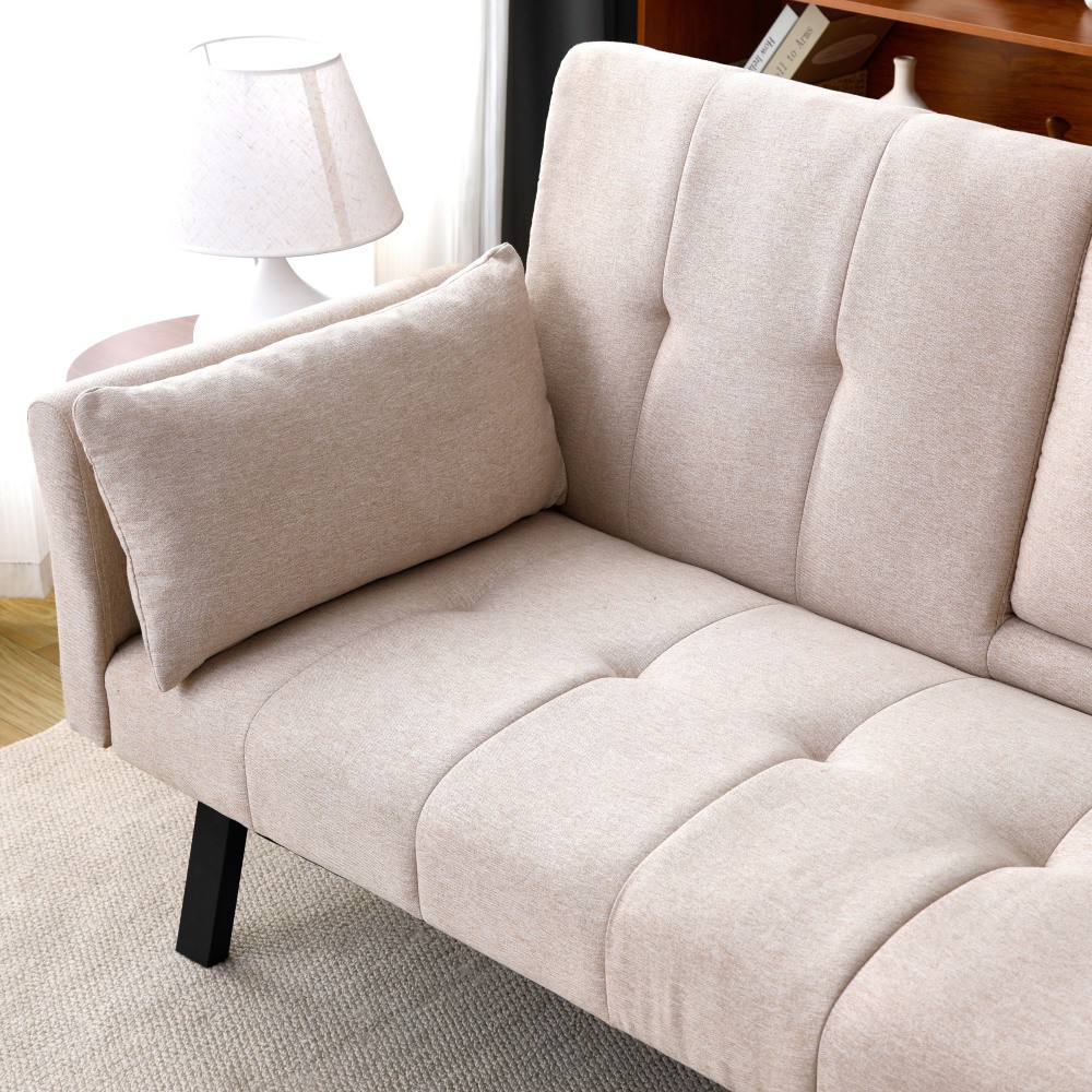 70" Cotton Linen Sofa Bed, Foldable Sofa w/Cup Holder& Storage,Multi-Functional
