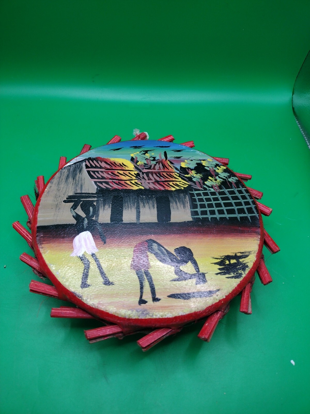 African Hand Painted Small Drum/Tambourine Used