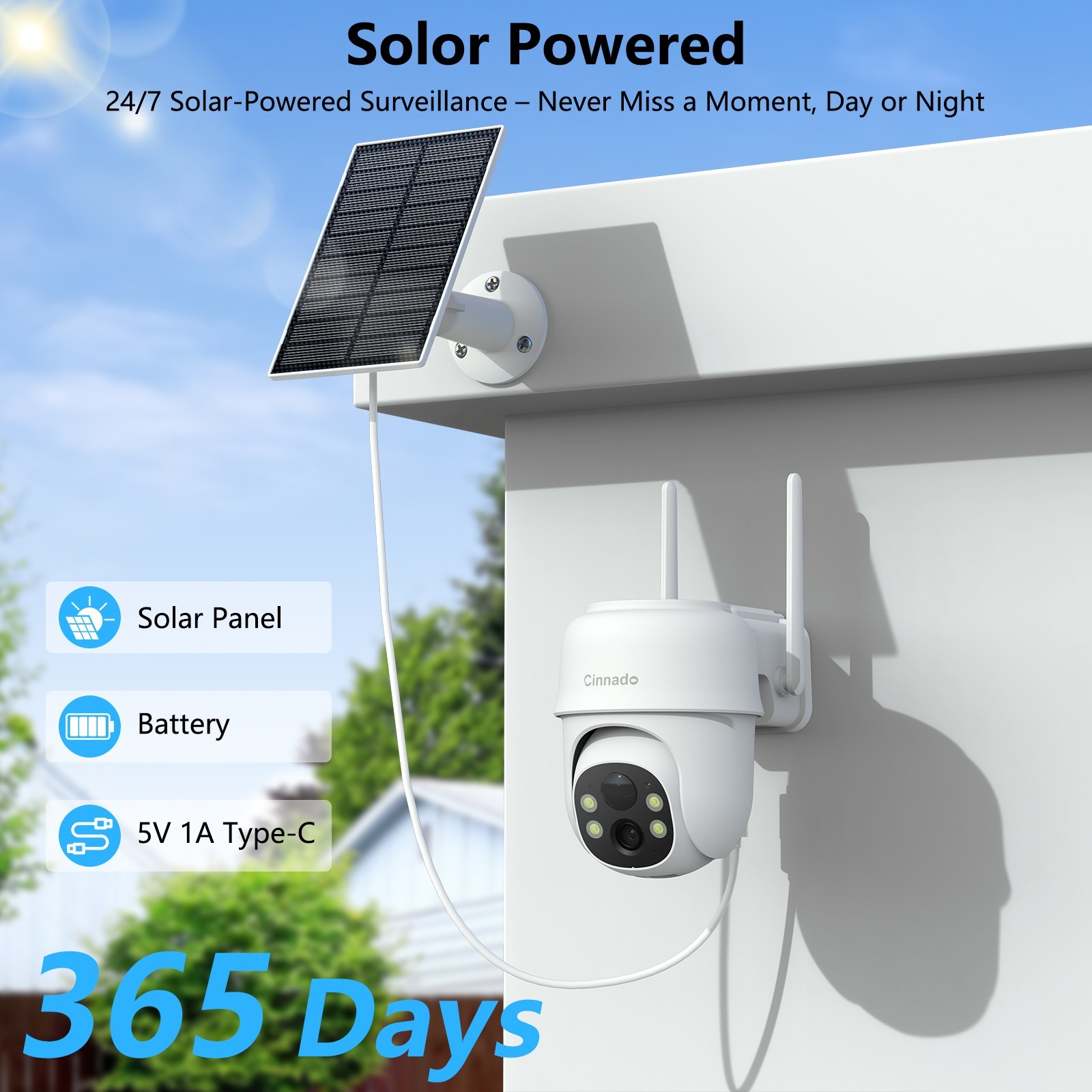 3PCS Cinnado Solar Security Camera Wireless Outdoor 2K 360° PTZ with Solar Panel