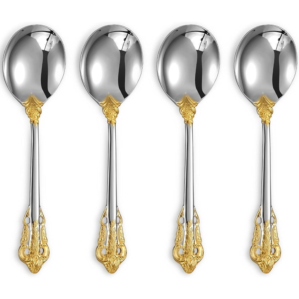 Gorgeous Round Soup Spoons Set of 4 18/10 Stainless Steel Bouillon Spoons with