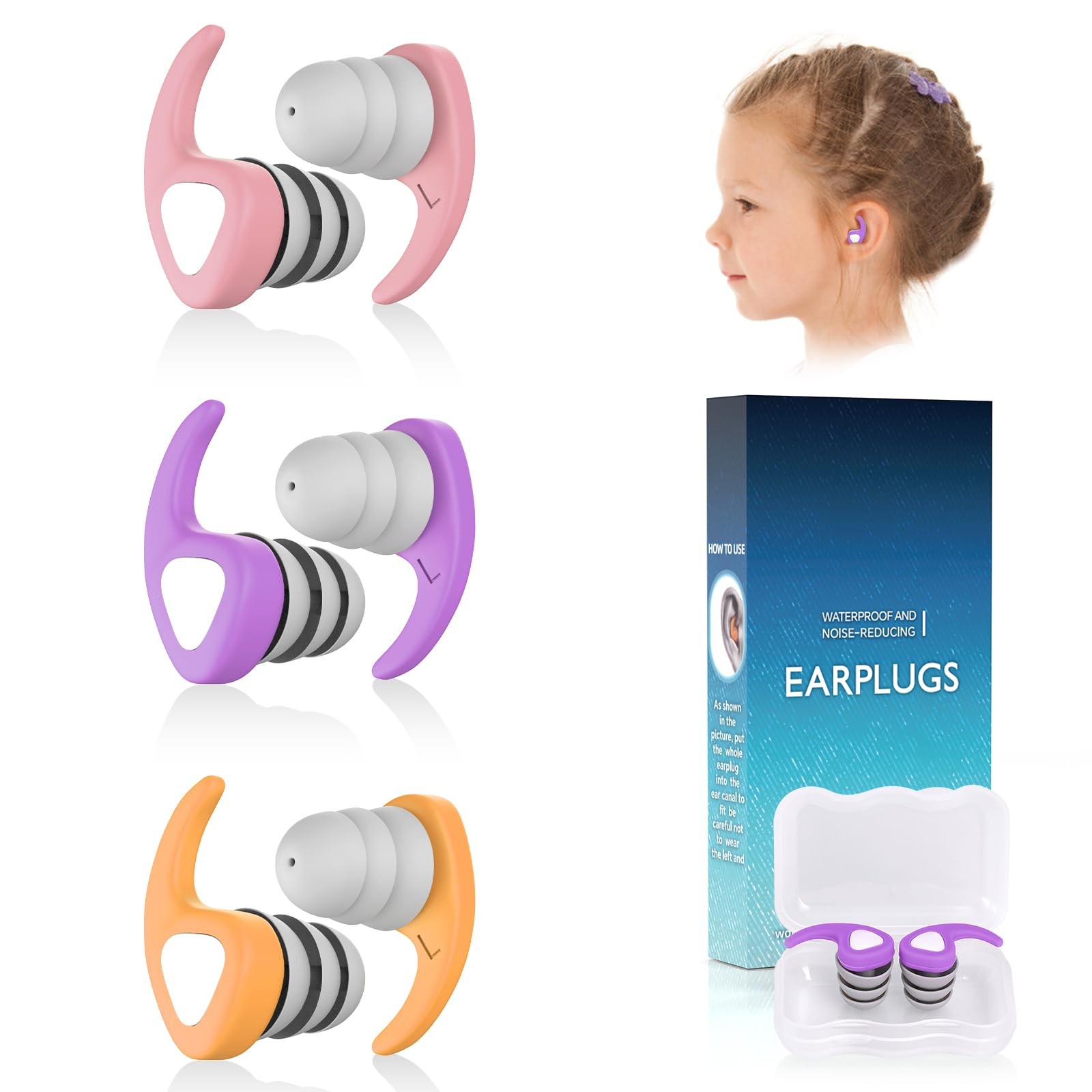 Swimming Ear Plugs for Kids, 3 1 pair (Pack of 3), Kids-pink Purple Orange