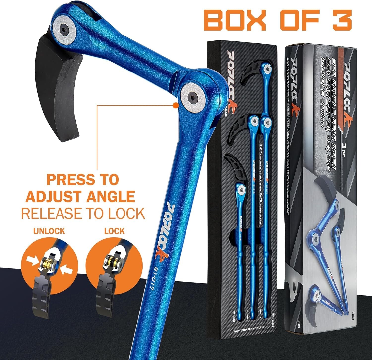 Indexing Pry Bar Set 3 Pieces, Adjustable Pry Bars, Double Push Lock Indexabl...