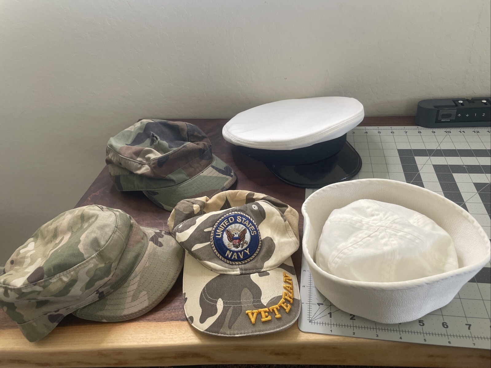 Bernard Cap Co USAF Air Force Dress Hat, 2 Navy Hats, 2 Army Caps. Lot of 5 (F)
