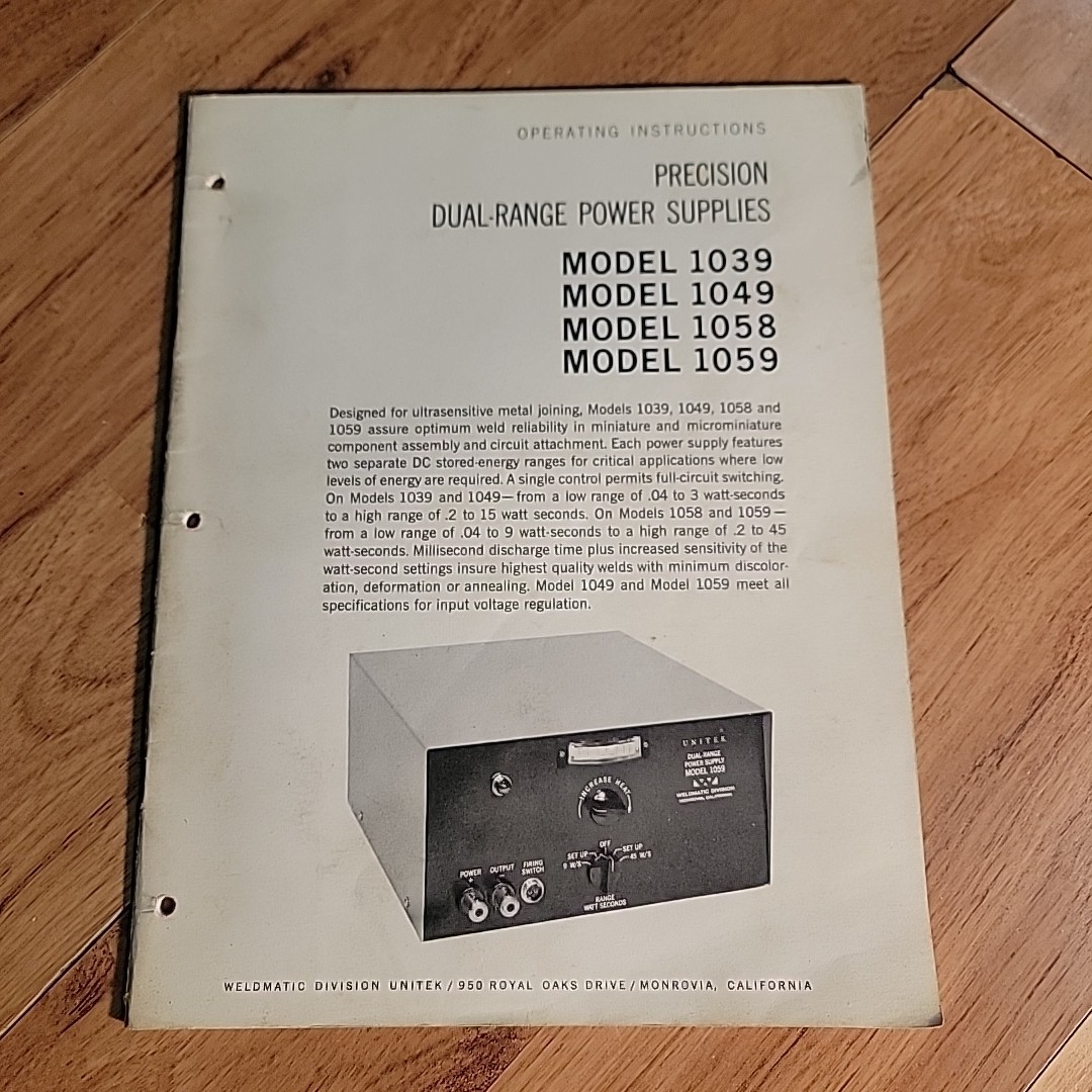Weldmatic Power Supply Operating Instructions Manual Model 1039 1049 1058 1059