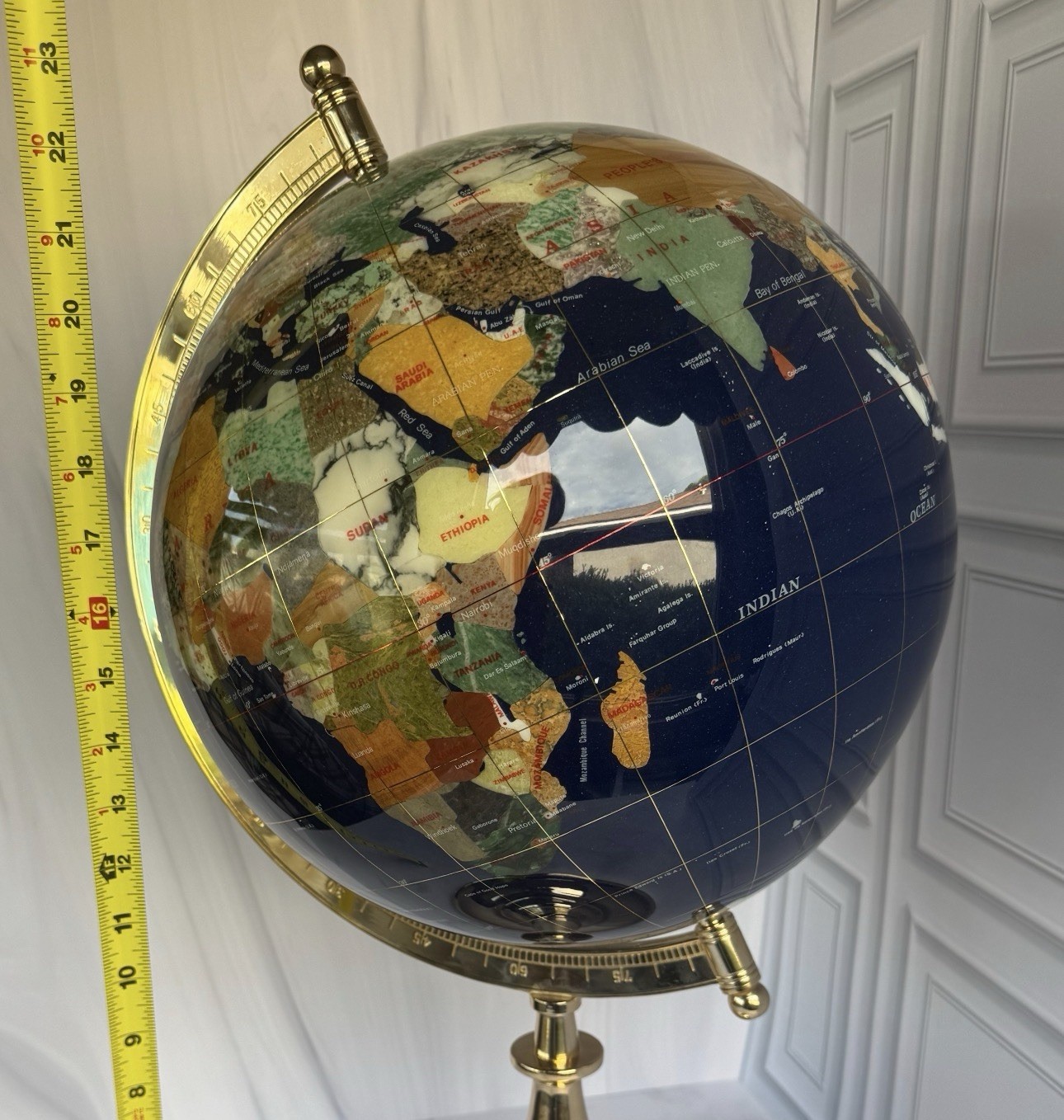 🌍 Large Semi-Precious Stone World Globe on Brass Stand