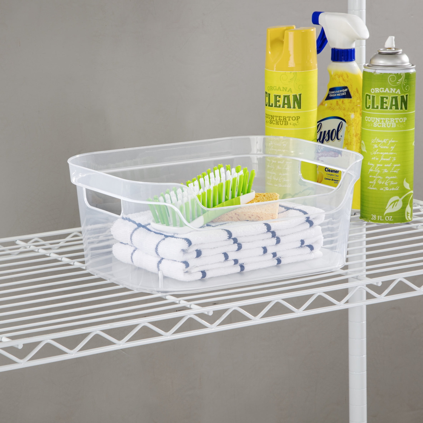 (4 pack) Medium Open Bin, Clear Plastic, Easy Access Bin with Scoop Front