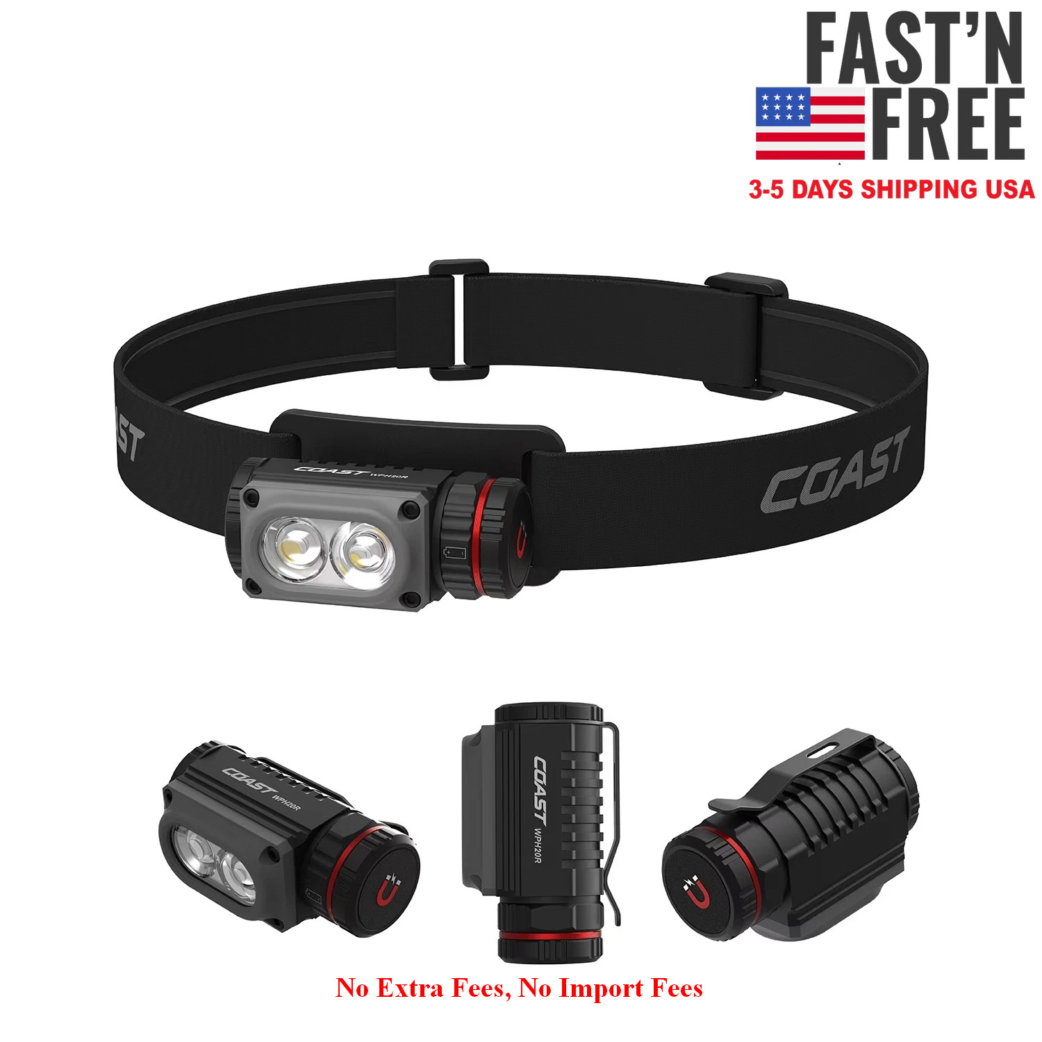 Coast WPH20R 2000 Lumen Rechargeable LED Headlamp with Clip and Magnetic End Cap