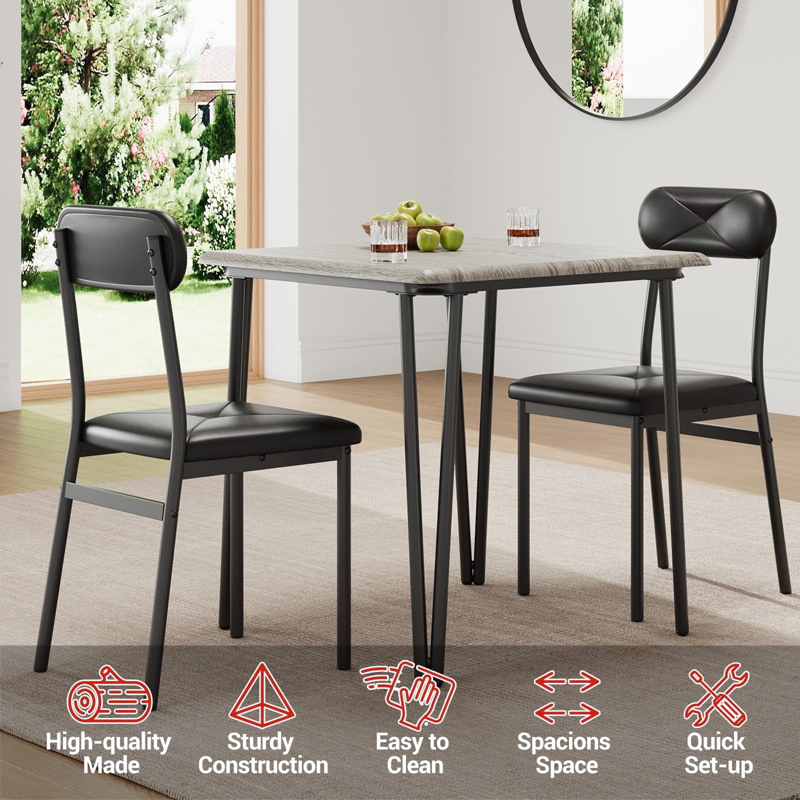 Kitchen Table w/2 Upholstered Chairs,Square Dining Table Set for 2 for Small Pla