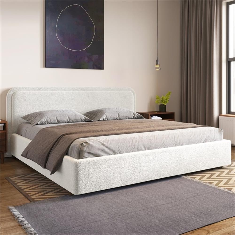 Pemberly Row Upholstered Platform King Bed in White Boucle Fabric