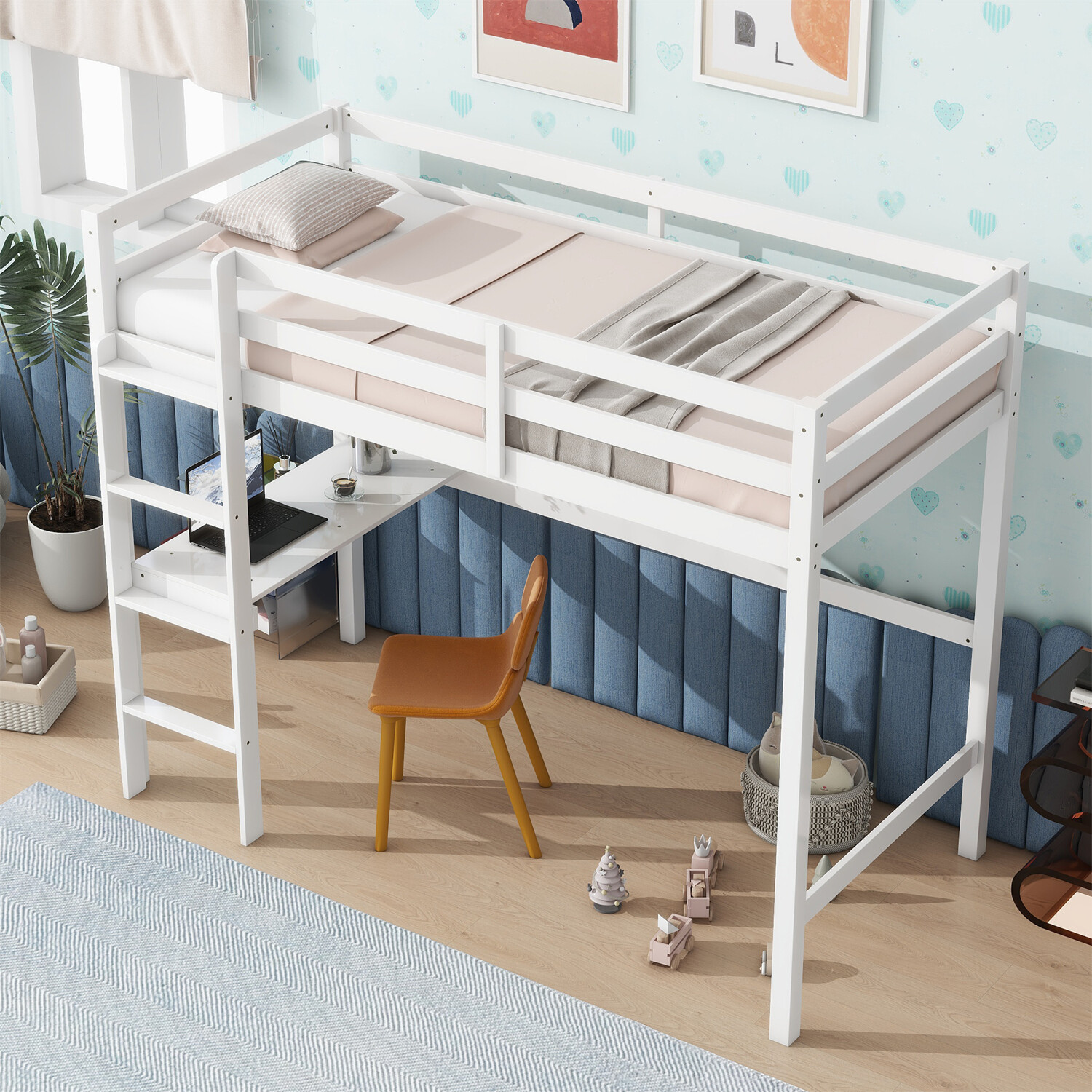 Twin Size Loft Bed Frame Wooden Twin Size Bed Frame with Desk White/Oak/Pink