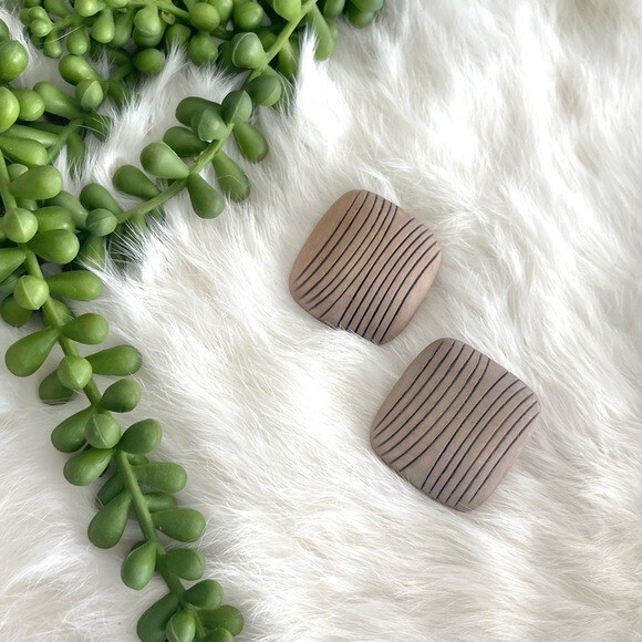Vintage Large Striped Square Shaped Pierced Earrings