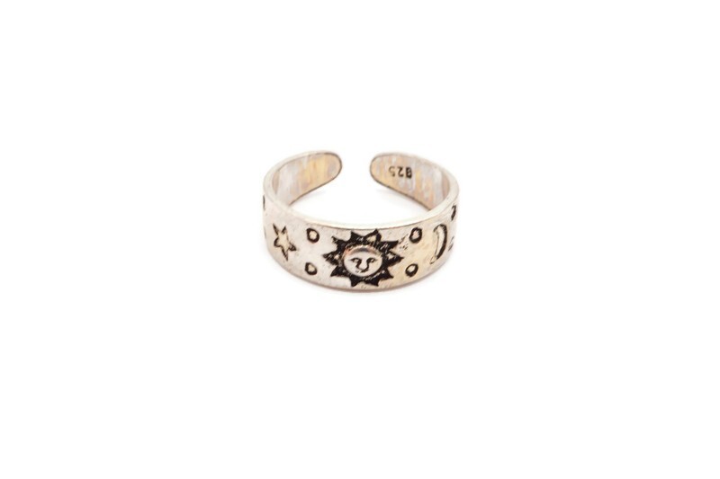 Sterling Silver 925 Sun Moon Stars Toe Ring Size 2.75