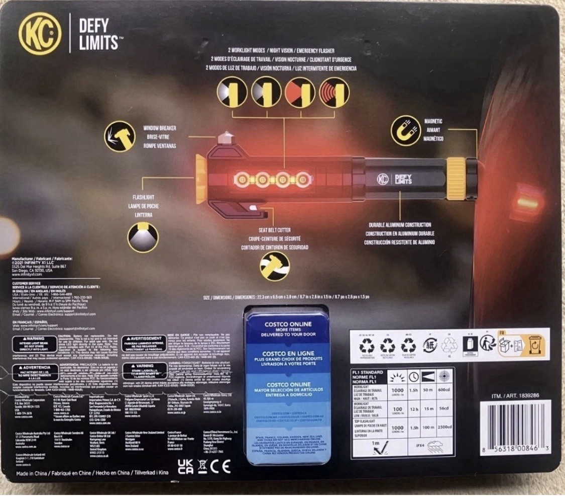2 Pack KC Auto Light with Emergency Tool, 1000 Lumen Rechargeable Flashlight Set