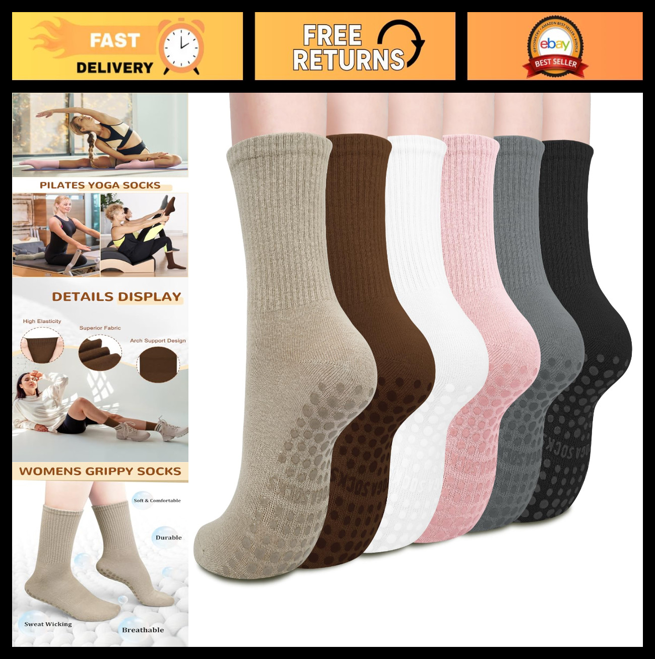6 Pairs Non-Slip Pilates Socks with Grips for Women - Soft Cotton Yoga & Workout