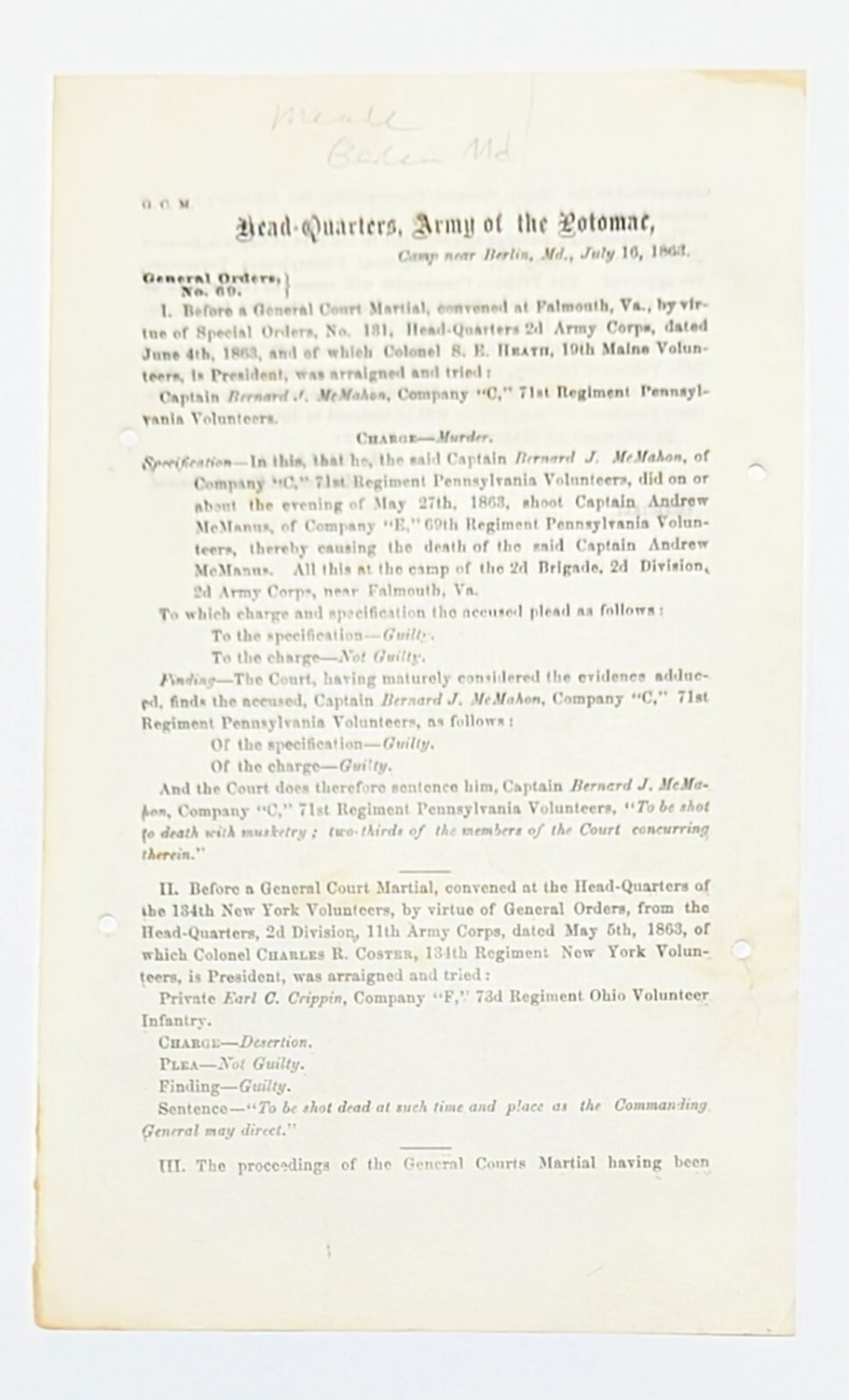 July 16 1863 Gen Orders No 69 - Court Marshall for Murder of Captain, Civil War
