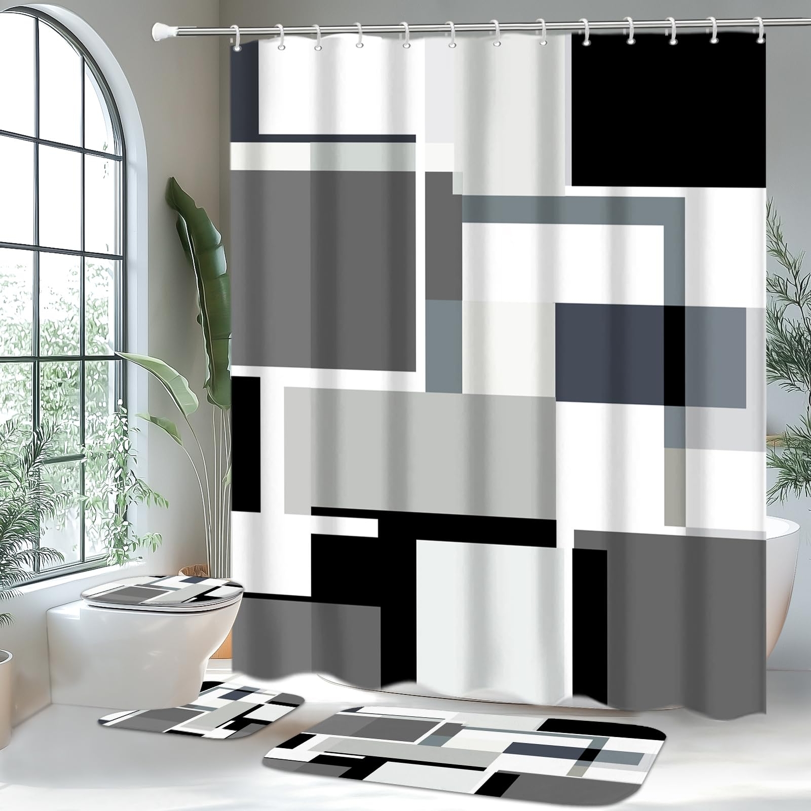 Grey Geometric Bathroom Set 4 PCS Shower Curtain Rugs 12 Hooks Modern Abstract
