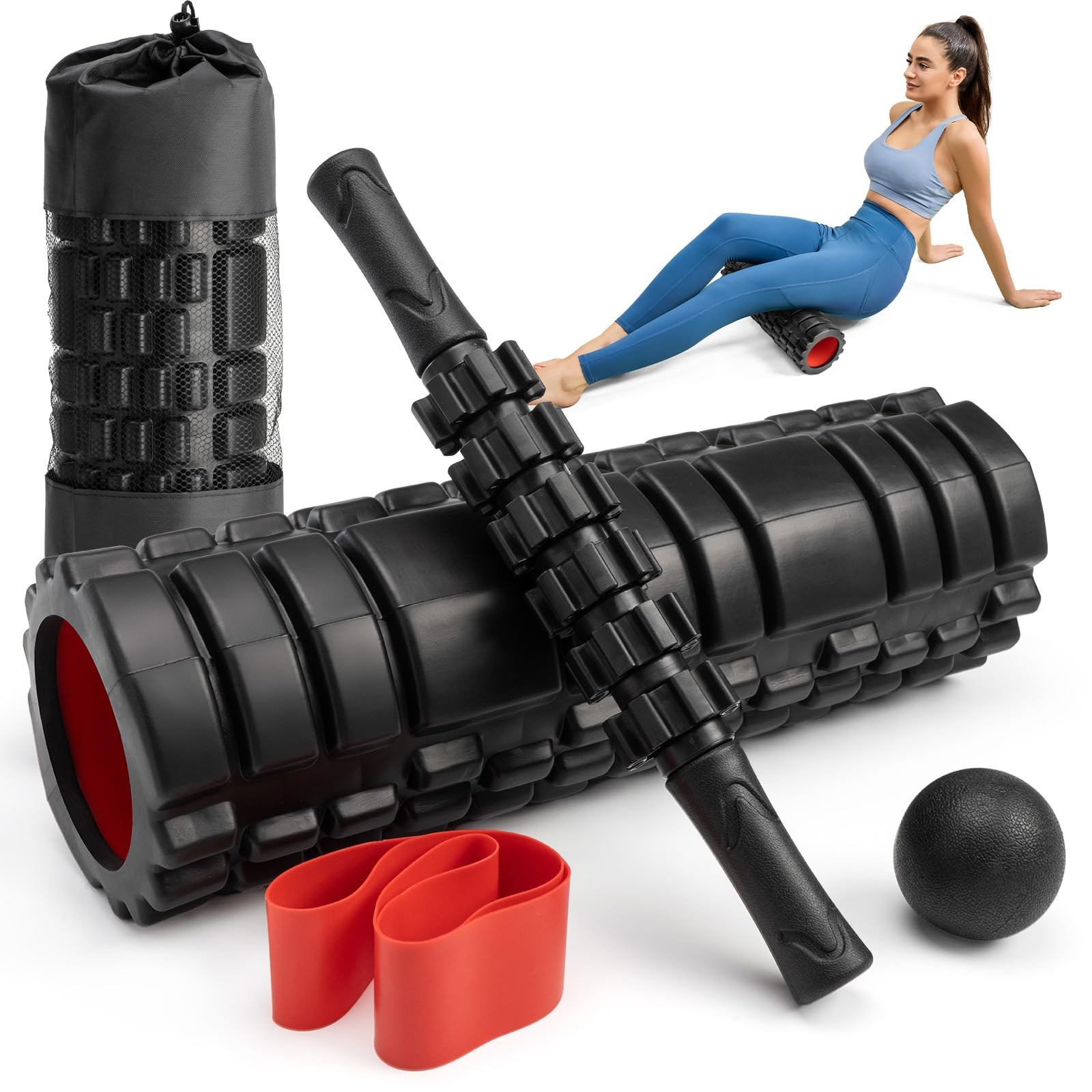 5-in-1 Foam Roller Set, Massage Roller Stick, Massage Ball, Resistance Band f...