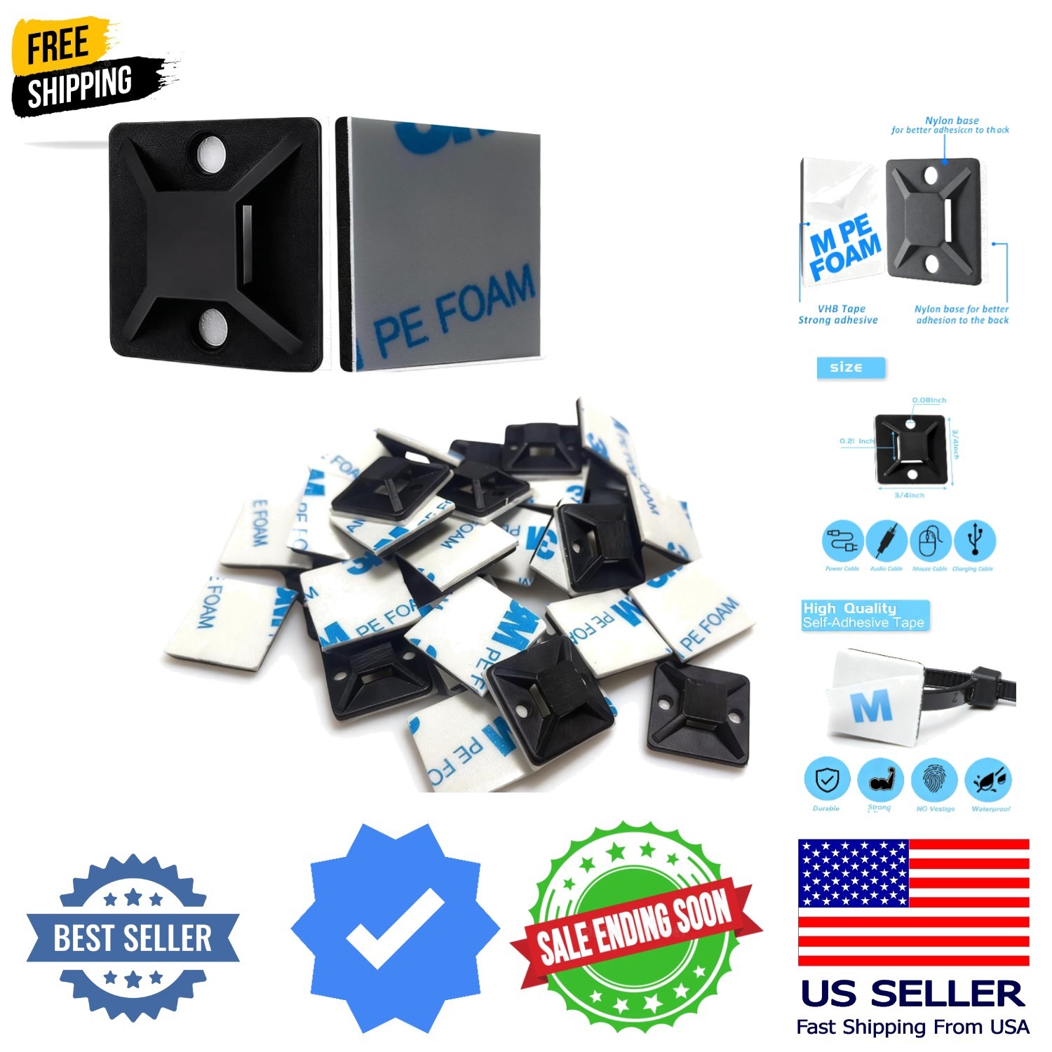 3/4" Zip Tie Mounts - 60 PCS Self Adhesive Cable Tie Mounts Wire Cable Anchors S