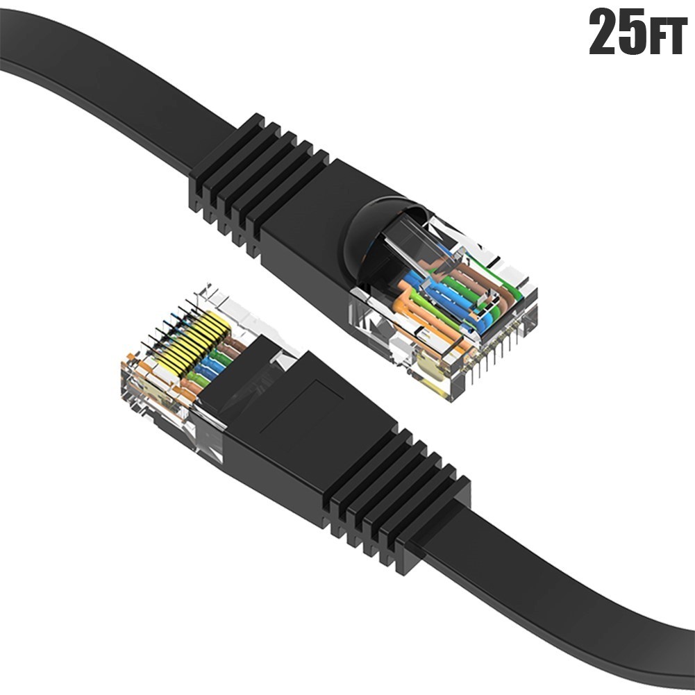 25FT Cat6 RJ45 Network LAN Ethernet Flat Patch Cable 32AWG Copper Wire Black