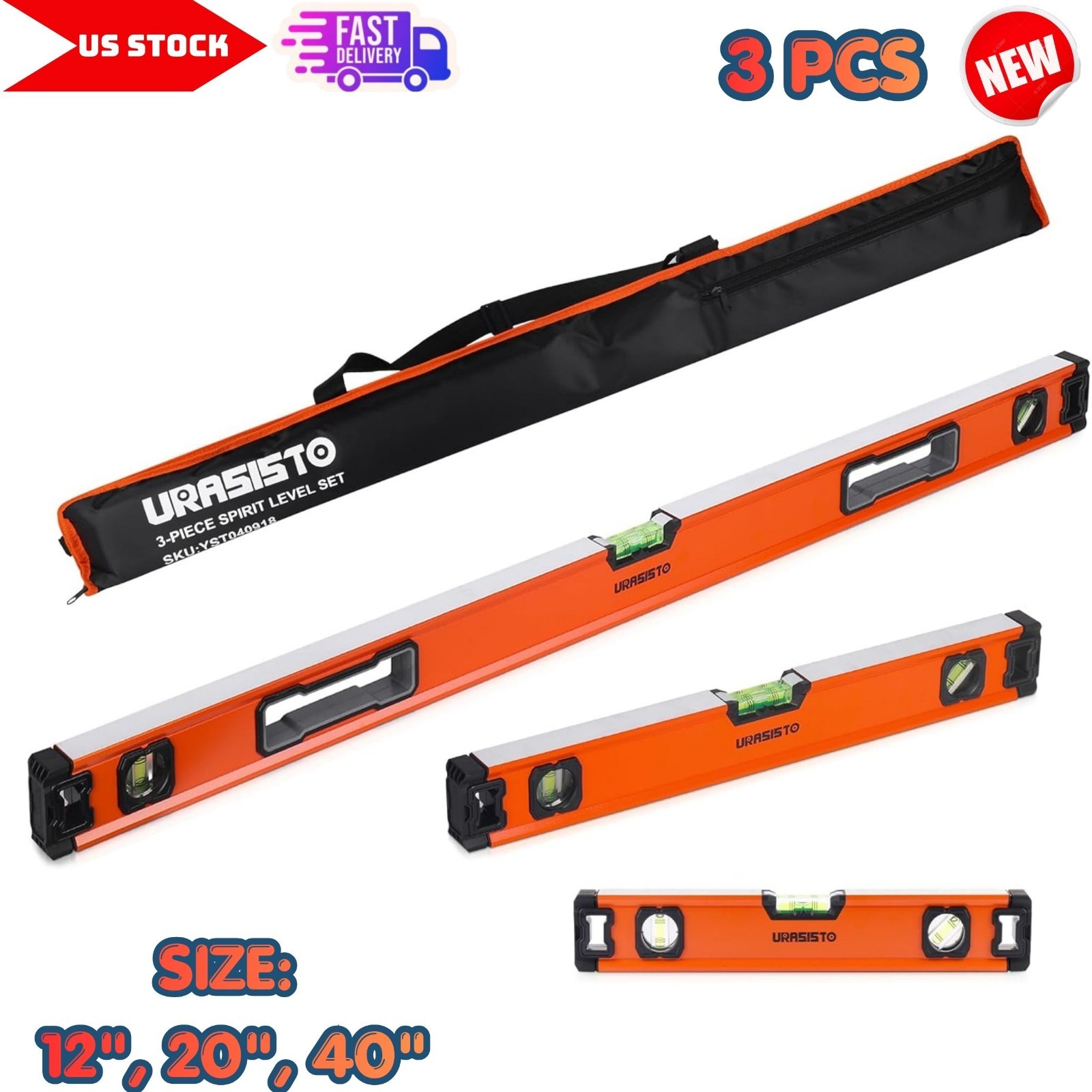 3pk 12", 20", 40" Spirit Level Set w/ Magnetic Torpedo Level 45°/90°/180°Bubbles