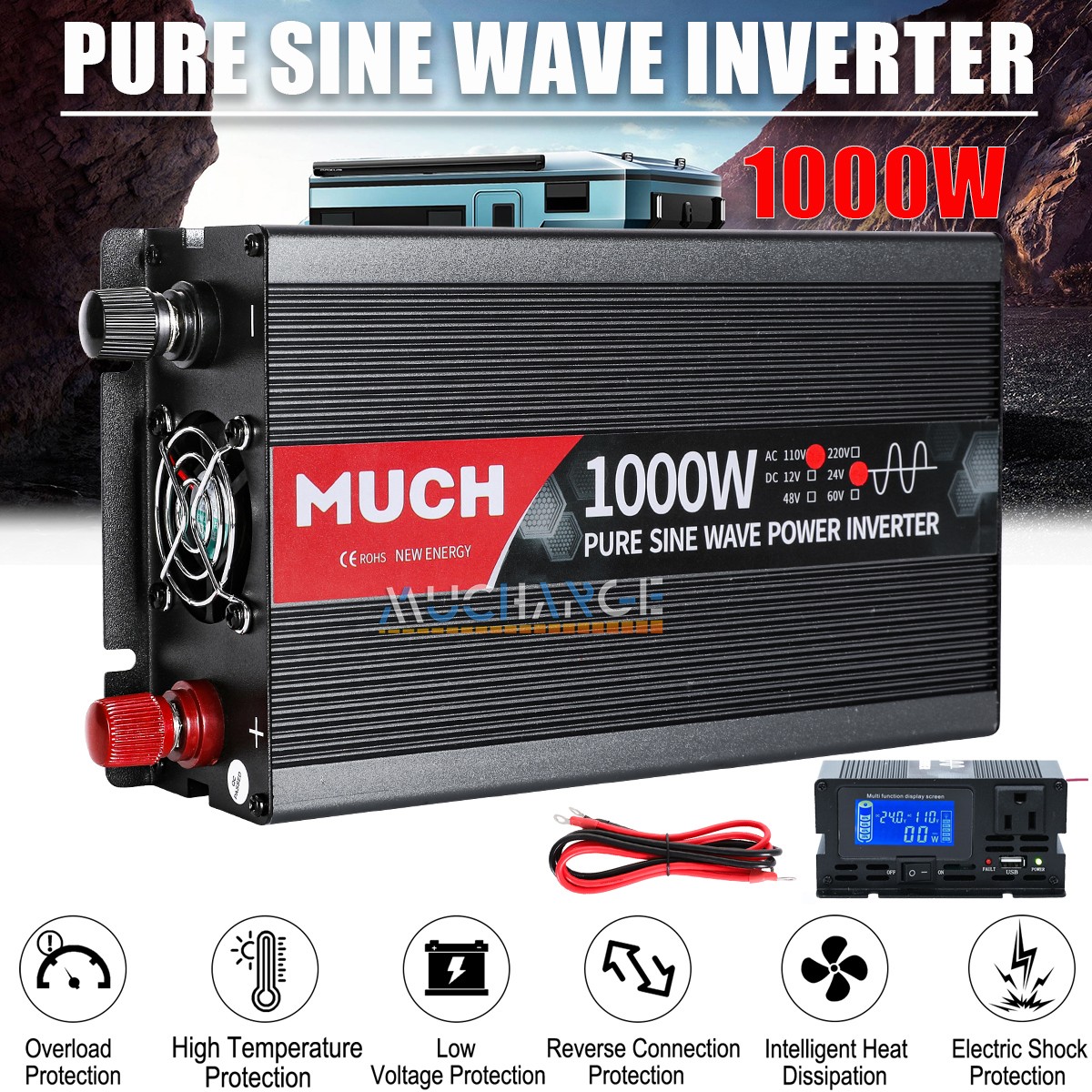 1000W Power Inverters DC 24V to AC 110V LCD Display for Car Chuck Outdoor Camper