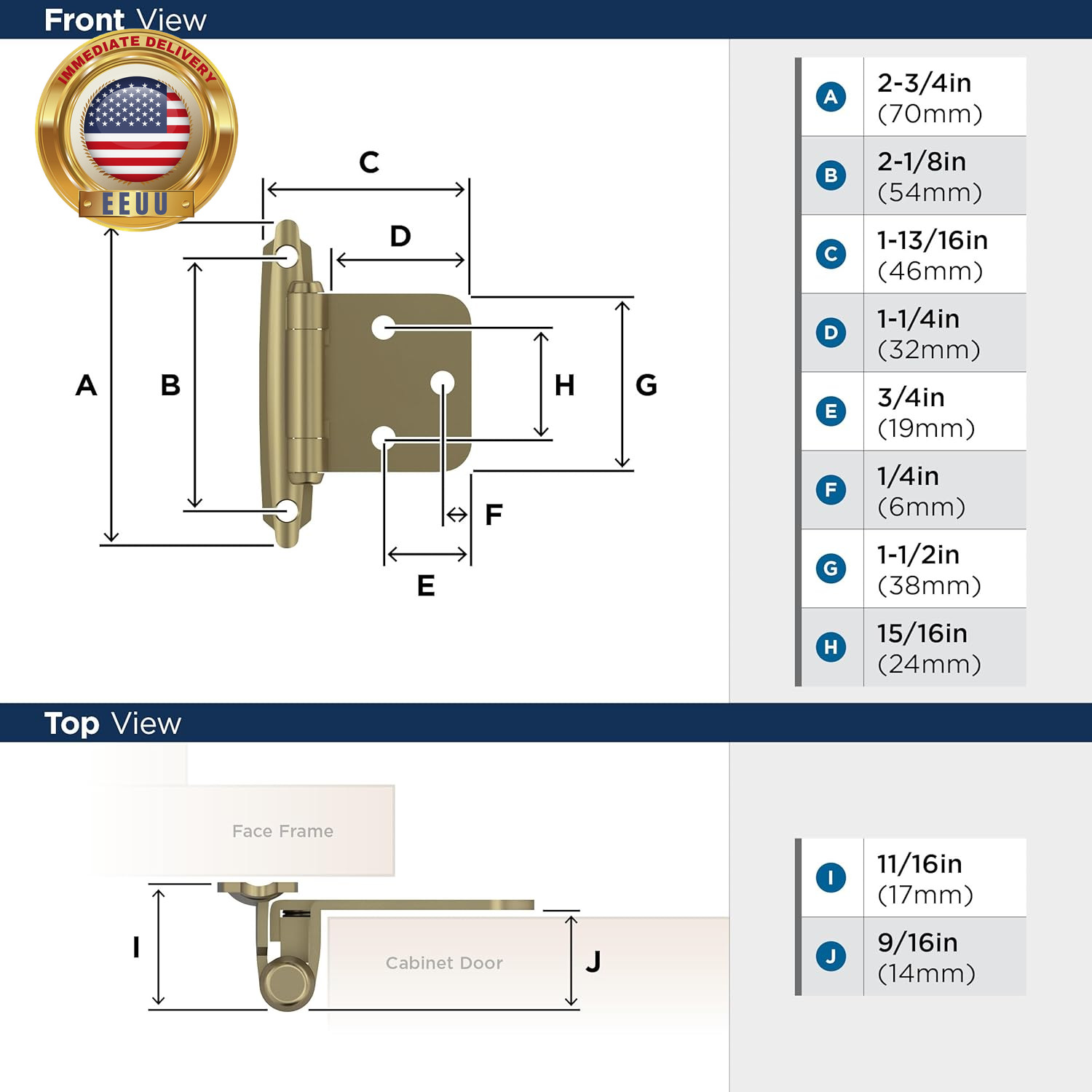 BPR3429BBZ | Cabinet Hinge | Variable Overlay Self Closing Face Mount | Golden C