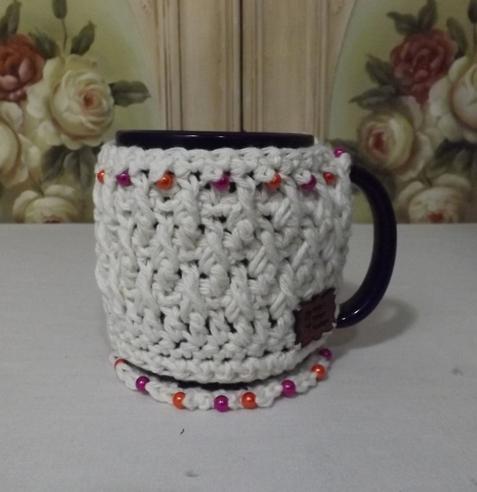 #8264 PRETTY! NEW HAND CROCHETED MUG COZY & COASTER! MUG NOT INCLUDED!