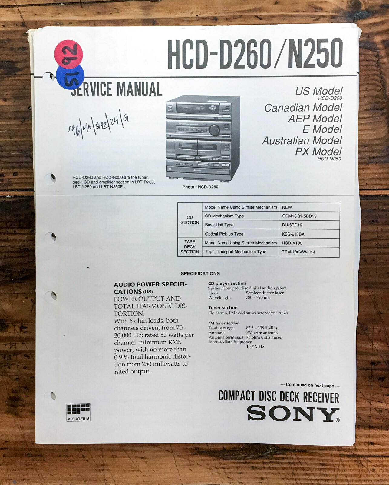 Sony HCD-D260 HCD-N250 Stereo  Service Manual *Original*