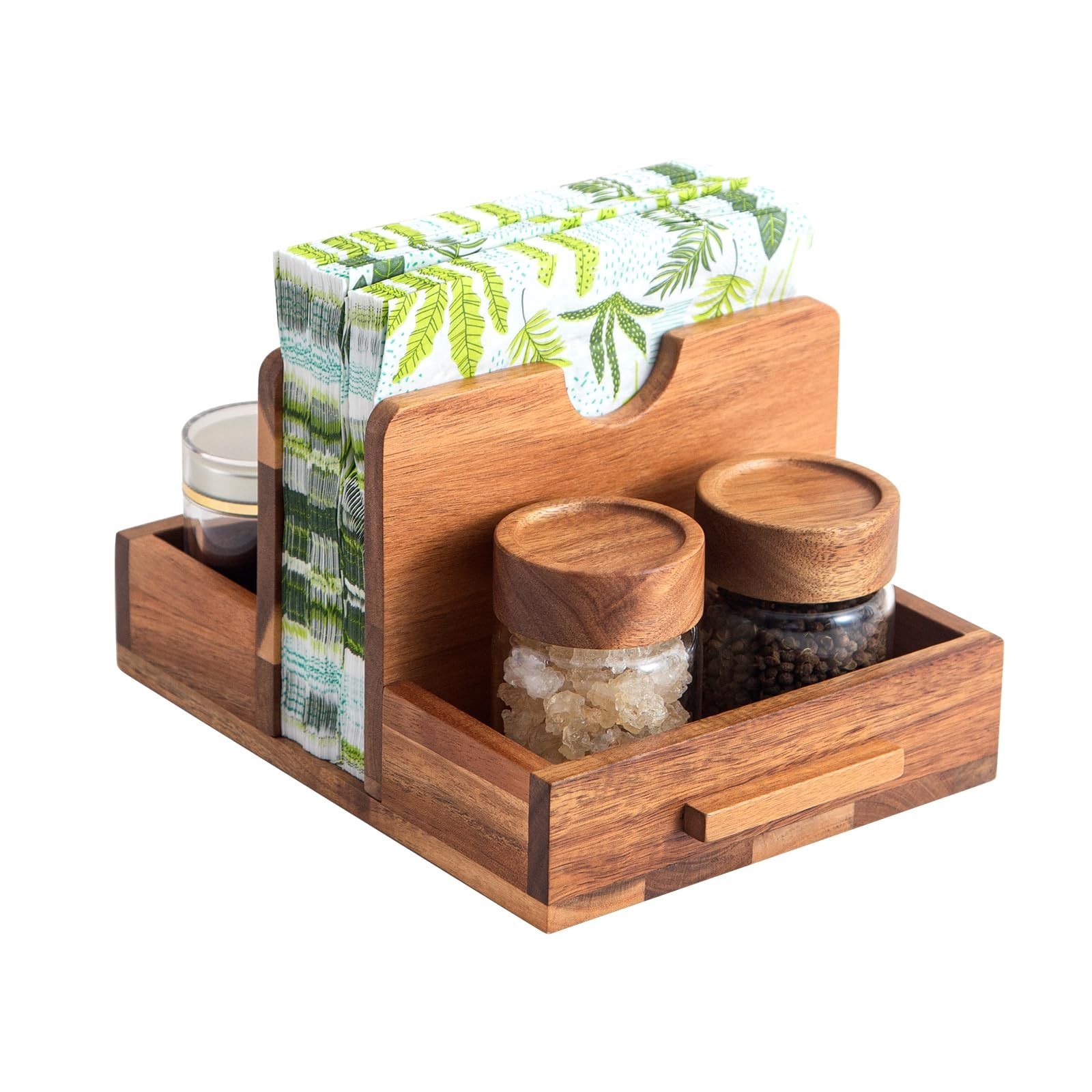 Napkin Holder, Napkin Holders with Built-in Salt Pepper Shakers Caddy, Acacia...