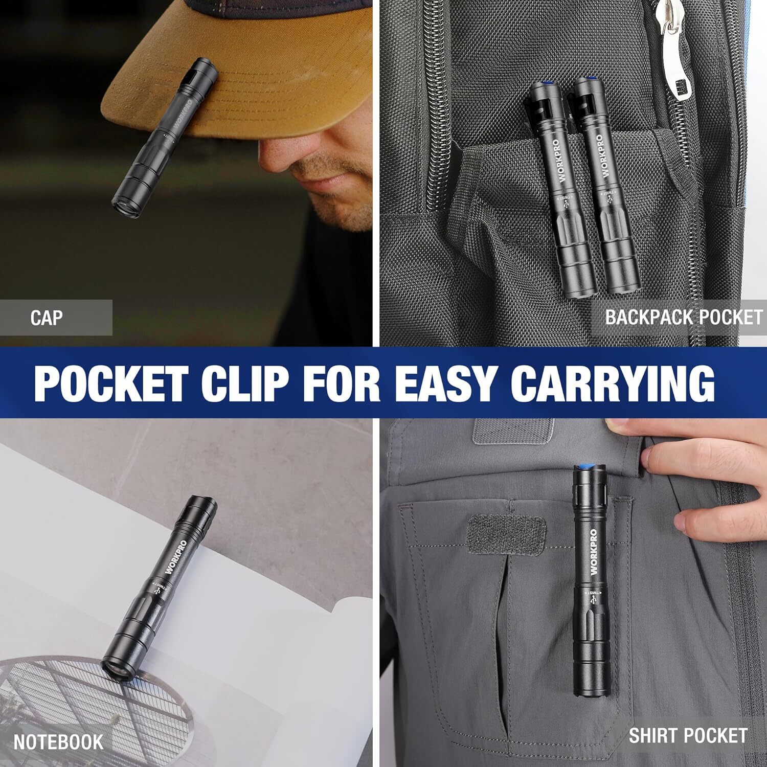 WORKPRO 2PCS Rechargeable Pen Light Mini Flashlight Ultra-Compact EDC Flashlight