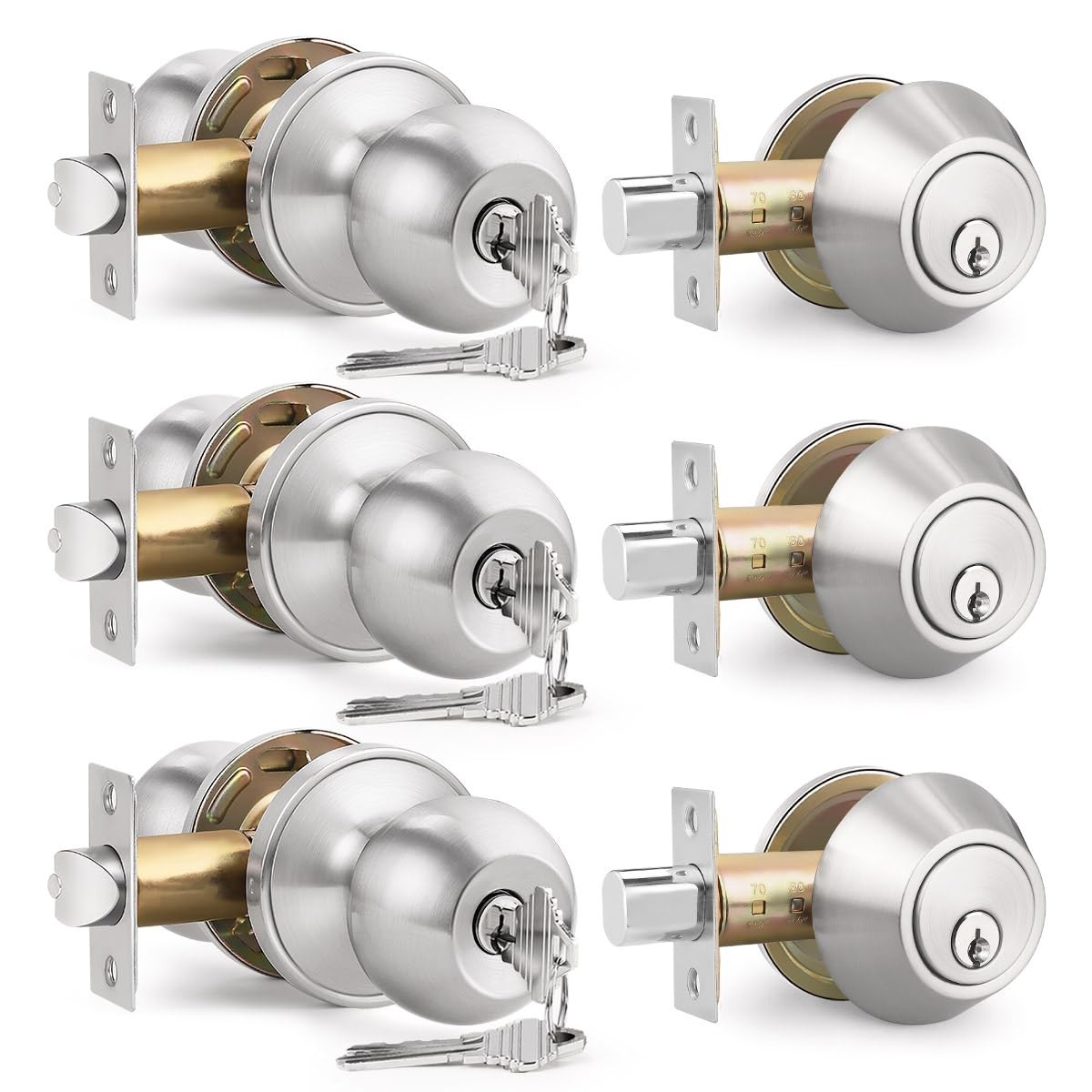 Brotima 3 Pack Keyed Entry Door Knob and Single 3 Pack, Brushed Nickel
