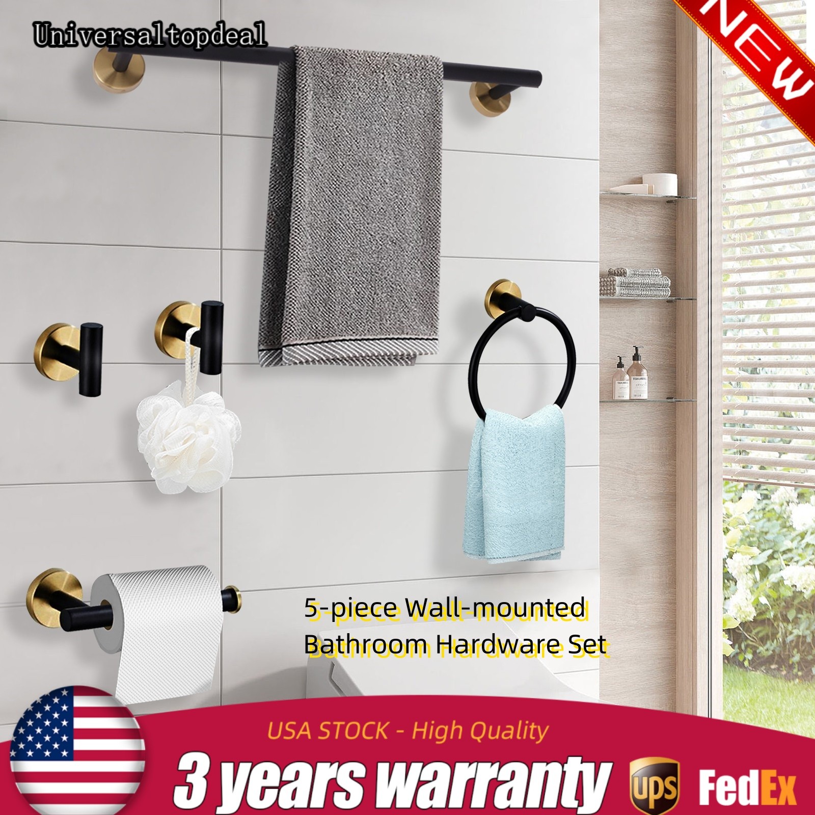 5 Piece Bathroom Bath Hardware Accessories Set Towel Bar Kit Matte Black & Gold