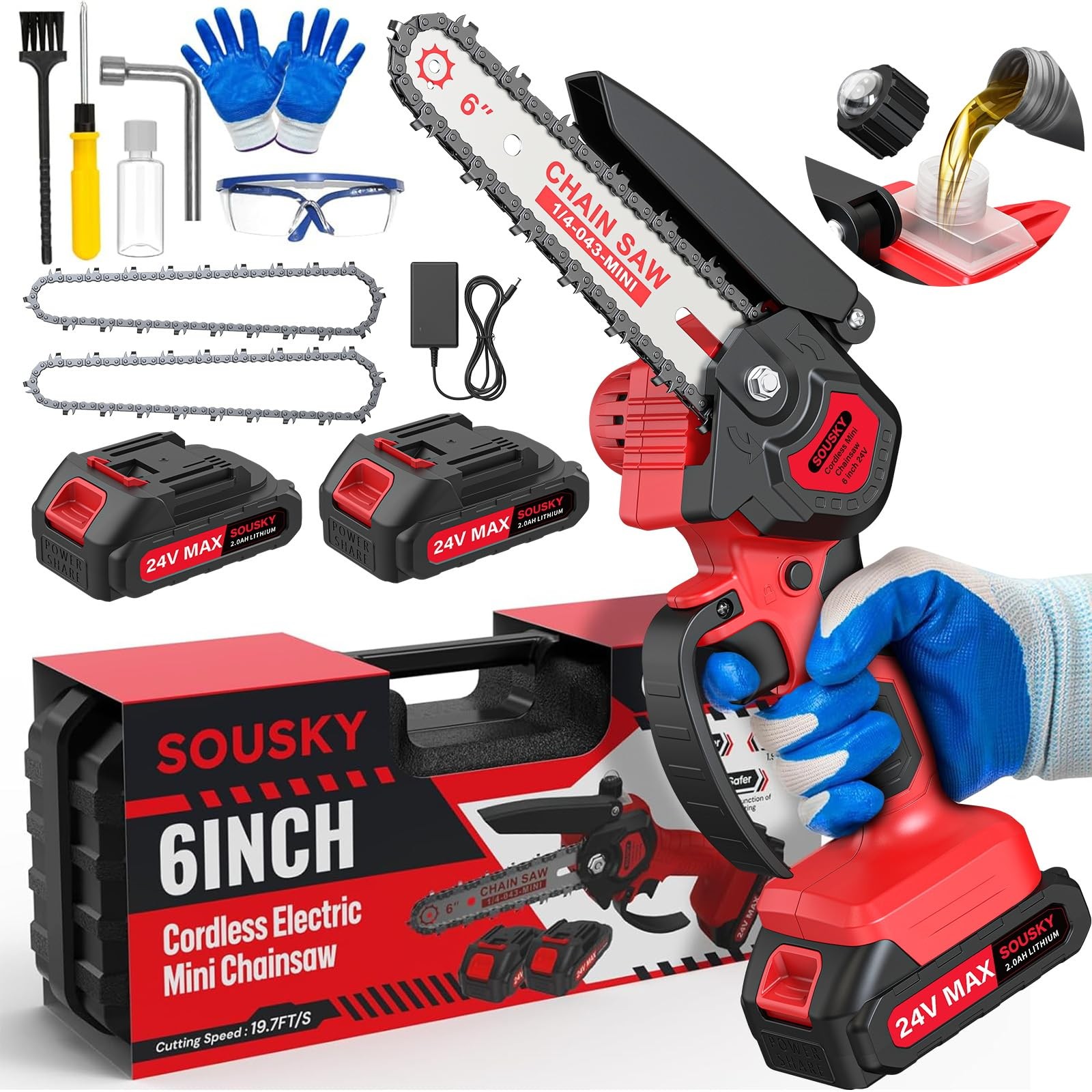 6 Inch Mini Chainsaw Cordless, 24V 2000mAh Rechargeable Battery, Auto-Oil, Li...