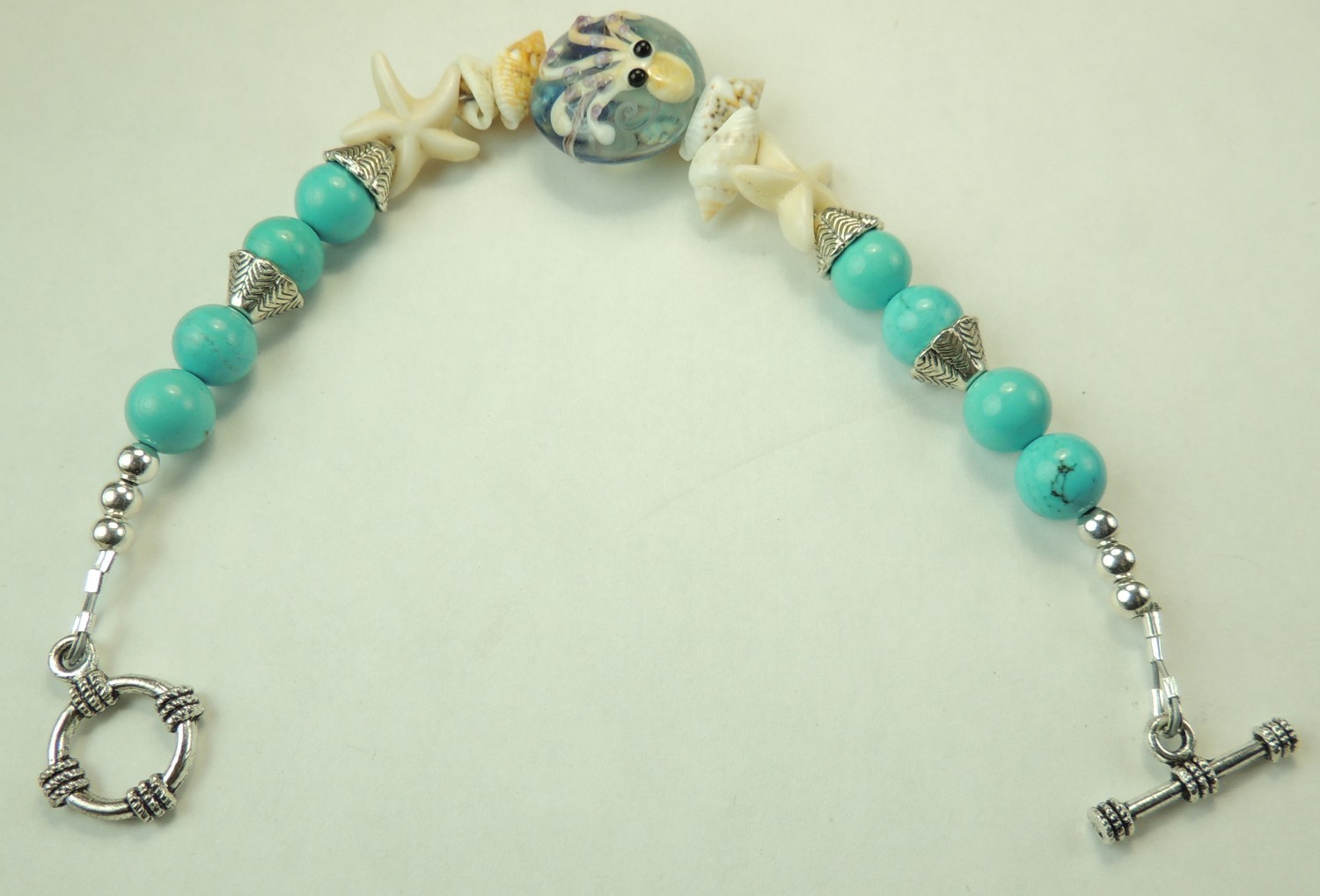 Octopus Lampwork Statement Bracelet Sea Shells Howlite Starfish  Handcrafted