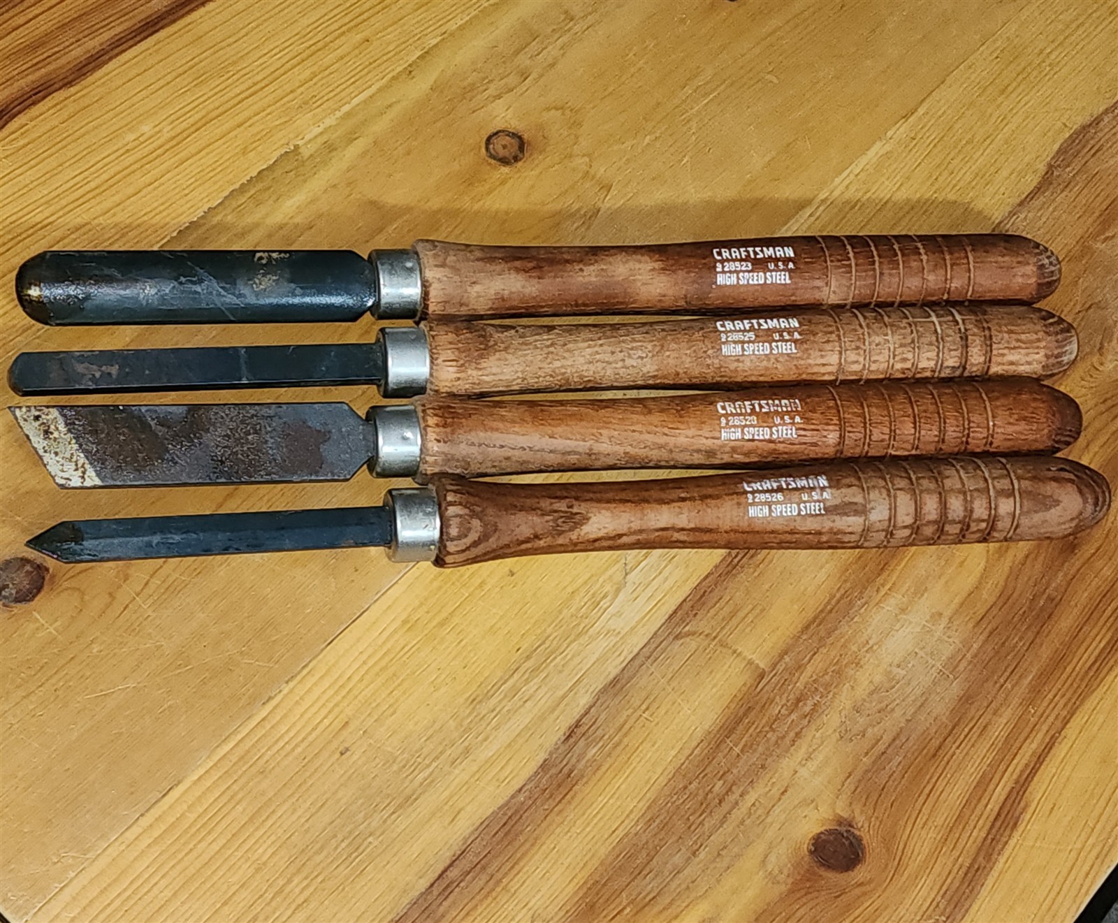 (4) VINTAGE CRAFTSMAN USA WOODWORKING CHISELS WOOD HANDLES HIGH SPEED STEEL
