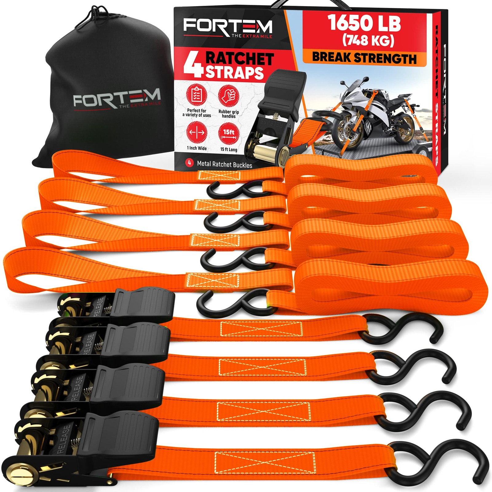 FORTEM Ratchet Straps, Tie Down Strap Set 1650lb Breaking Strength, Orange