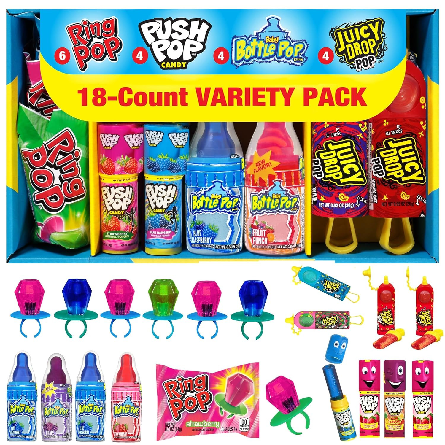 Candy Variety Pack - 18 Count Assorted Lollipops - Ring Pop, Push Pop, Baby Bott