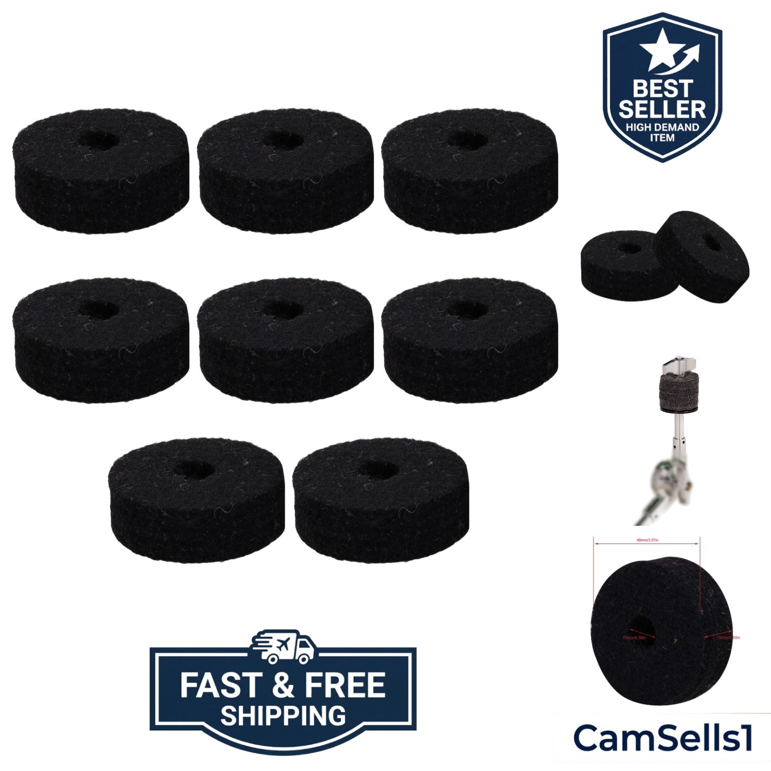 Round Soft Black Cymbal Stand Felt Washer Replacement for Drum Set of 8