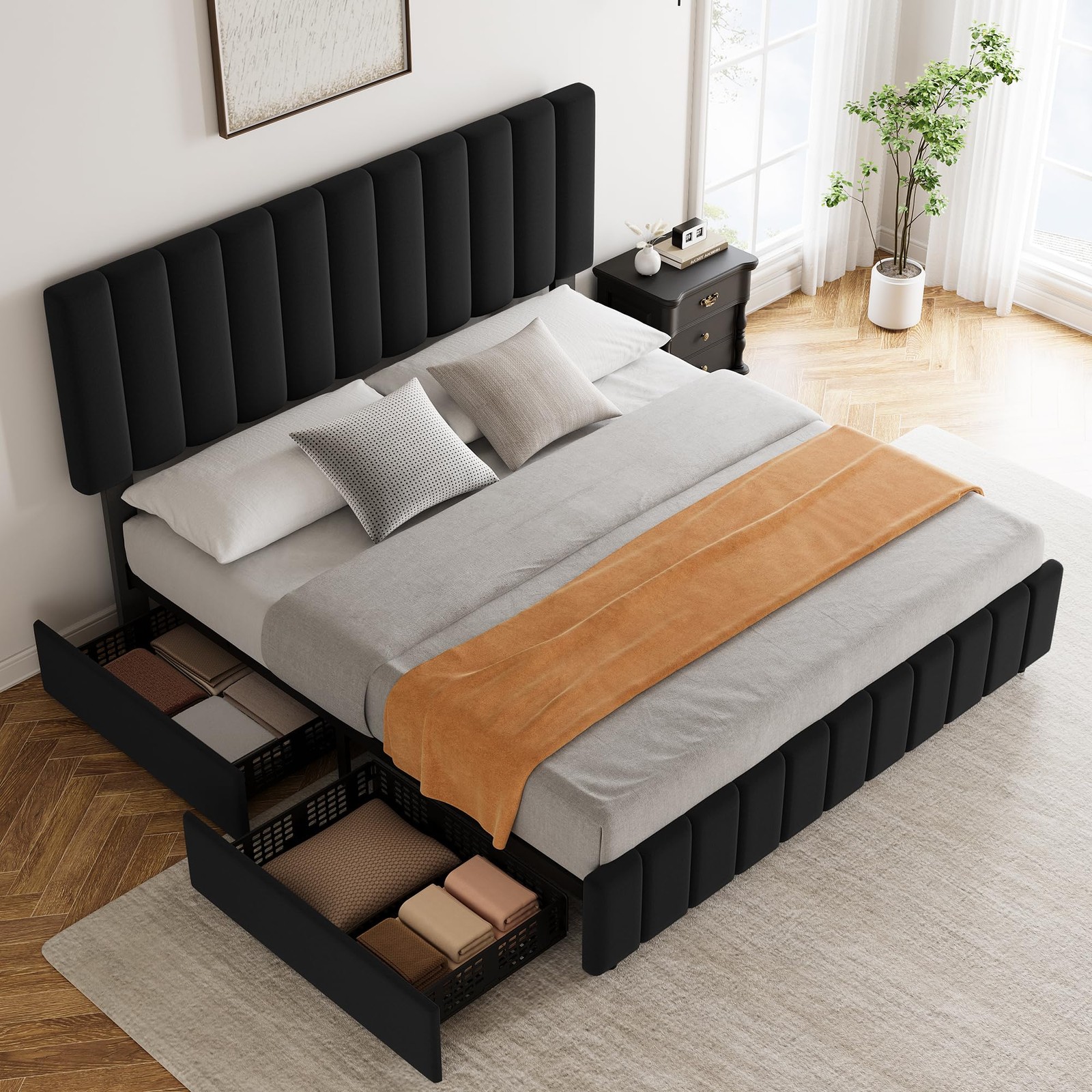 Bed Frame Queen Size with 4 Drawers Modern Linen Upholstered Platform