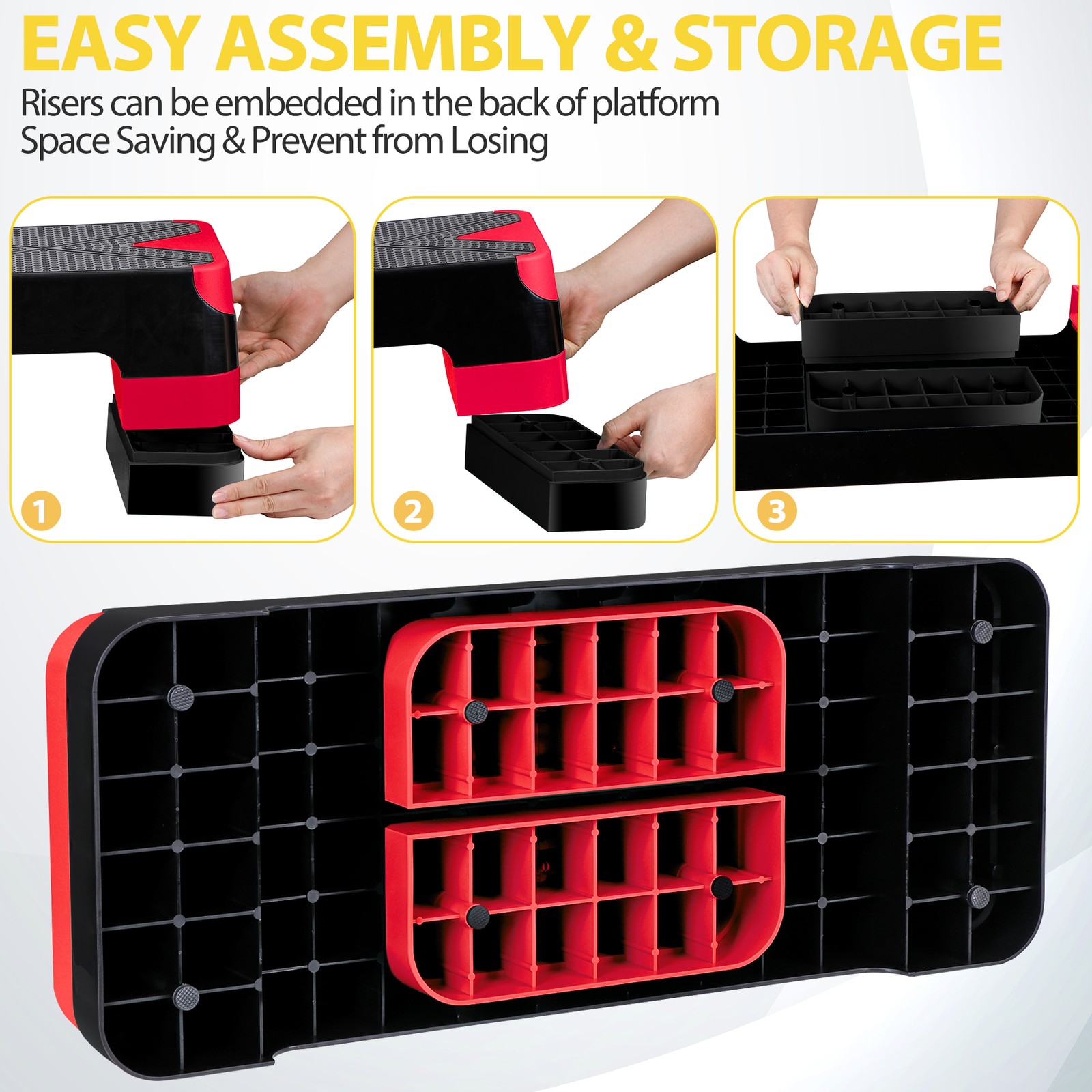 Aerobic Step Platform w/Adjustable 3-Level Risers Non-Slip Exercise Stepper Red