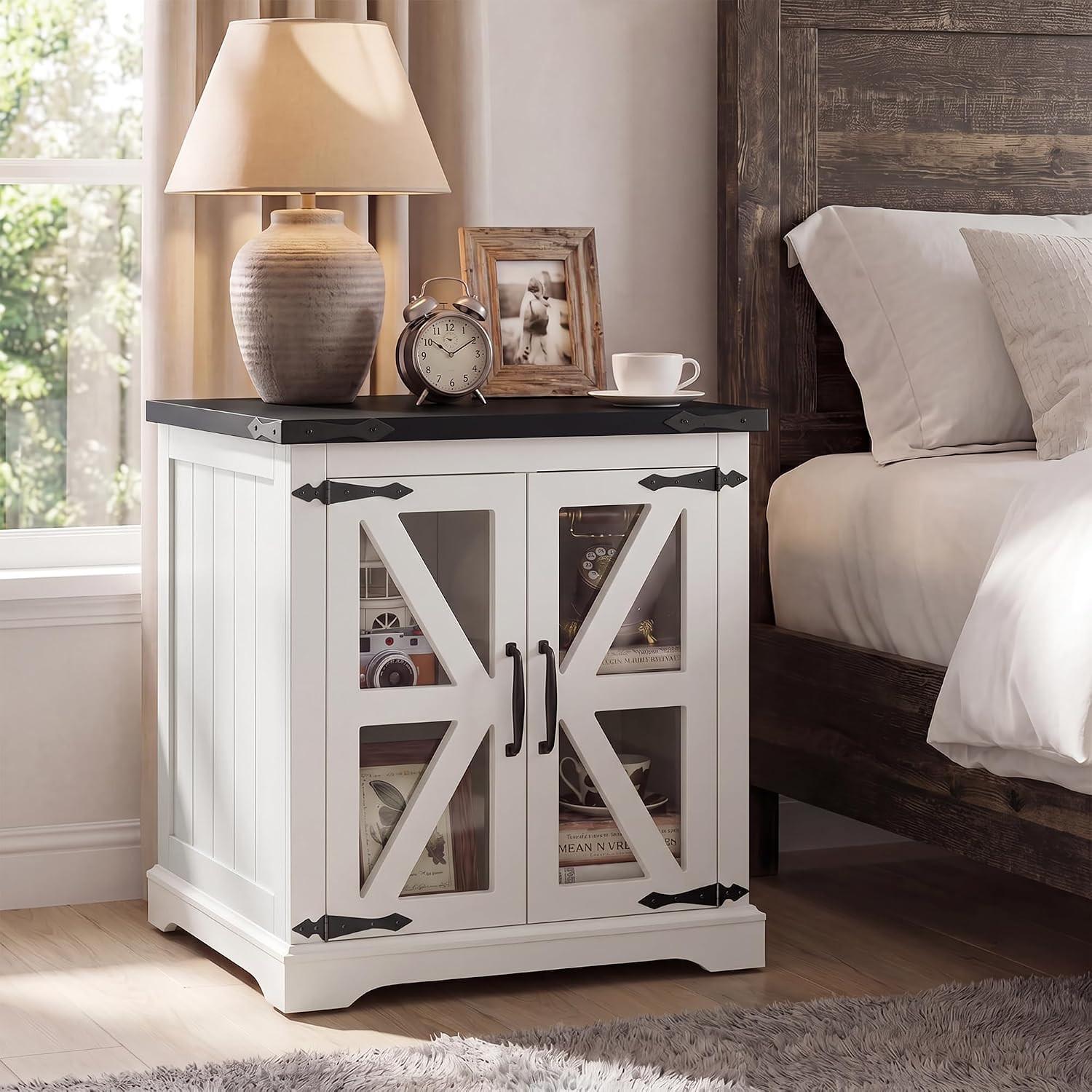 Farmhouse End Table, 24" Large End Tables with Storage, Rustic Square Sofa besid