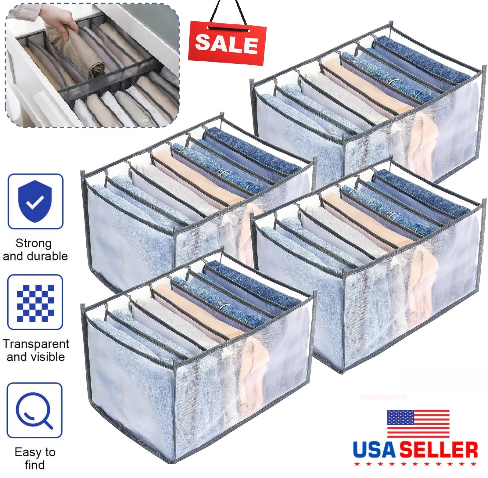 4 × Foldable Drawer Organizer Closet Storage Box for Clothes Jeans T-Shirt USA