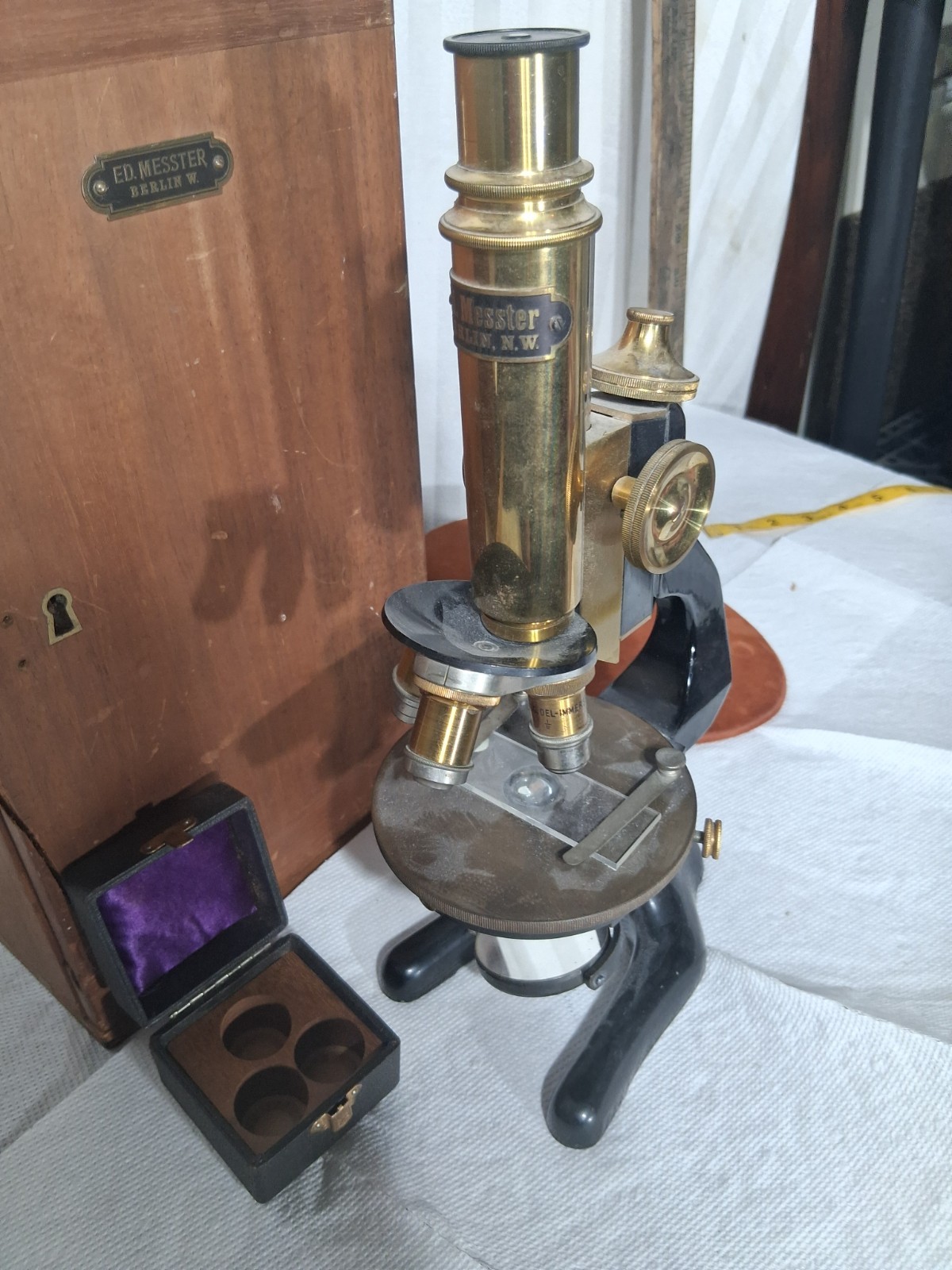 Antique E. Ed Messter Universal Brass Bacterial Microscope 1880s With Box